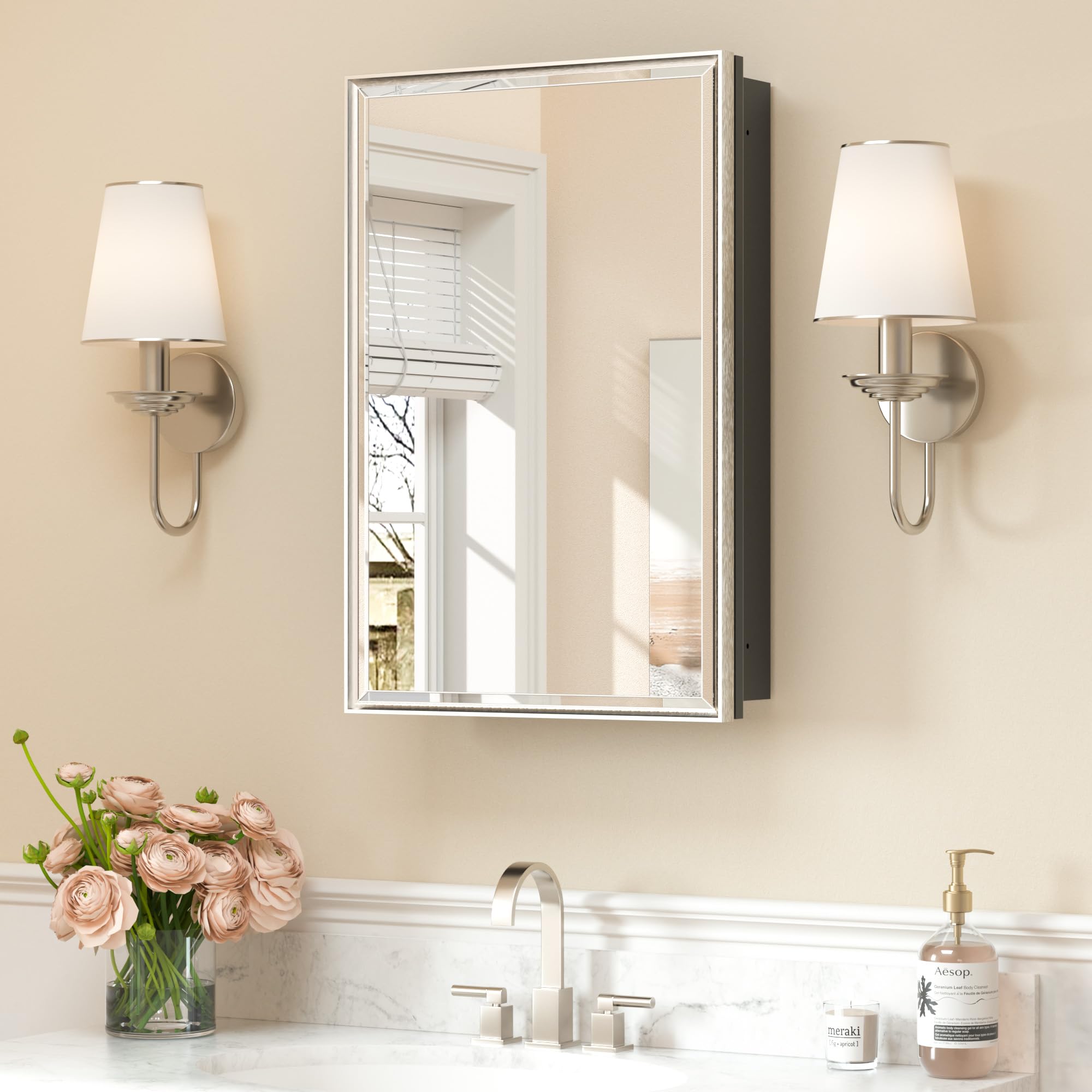 Keonjinn 16" x 24" Bathroom Medicine Cabinet with Mirror, Brushed Nickel