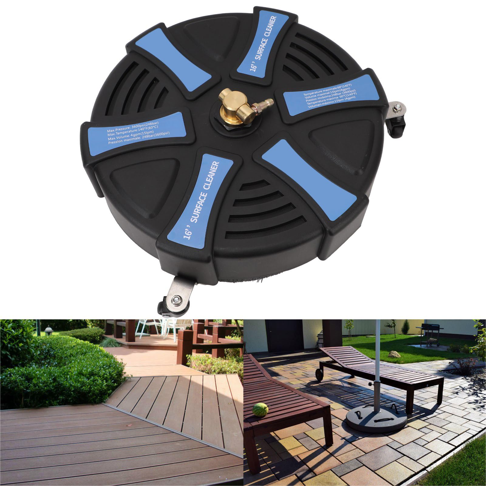 Limpiador de Superficies para Lavadora Eléctrica de Alta Resistencia de 16" con 3 Ruedas, Limpieza de Jardines y Pavimentos