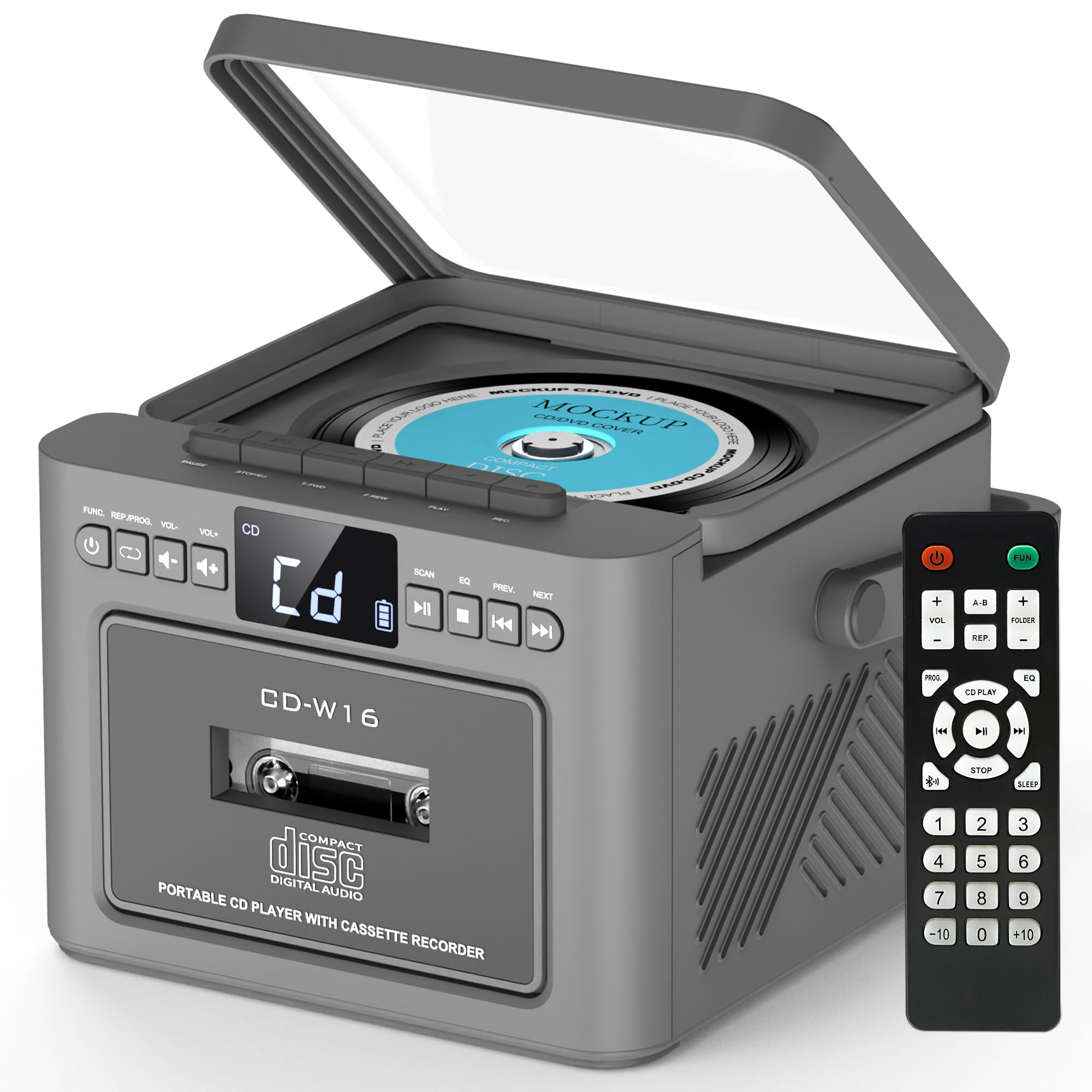CD Player Portable FM Radio Combo, Cassette Player with Tape Recorder, Bluetooth Speaker Boombox with Stereo Sound, Rechargeable, Sleep Timer, Support AUX/USB/TF, Headphone Jack, Remote Control, LCD