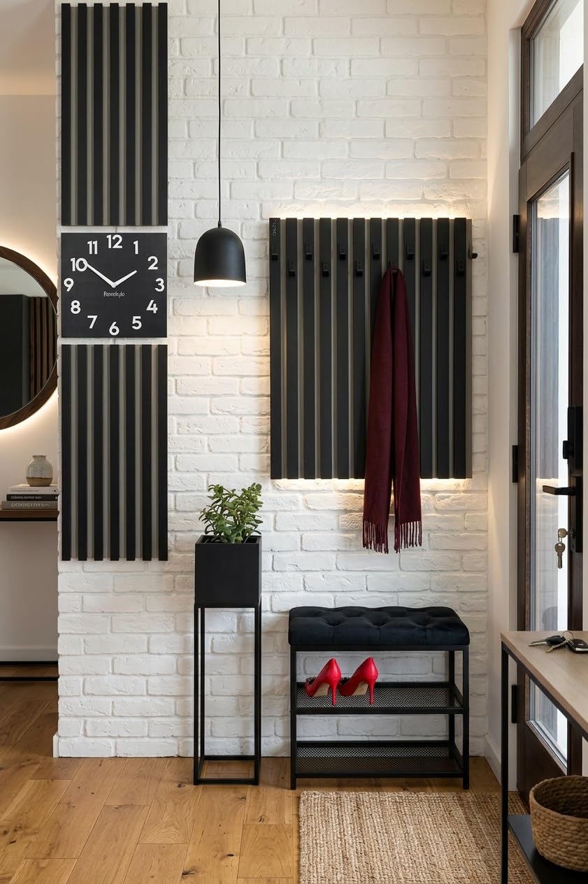 FLEXISTYLE Perchero De Pared De Madera De Roble Negro – 60x60 Cm, 4 Lamas, 3 Perchas Metálicas, Montaje Fácil