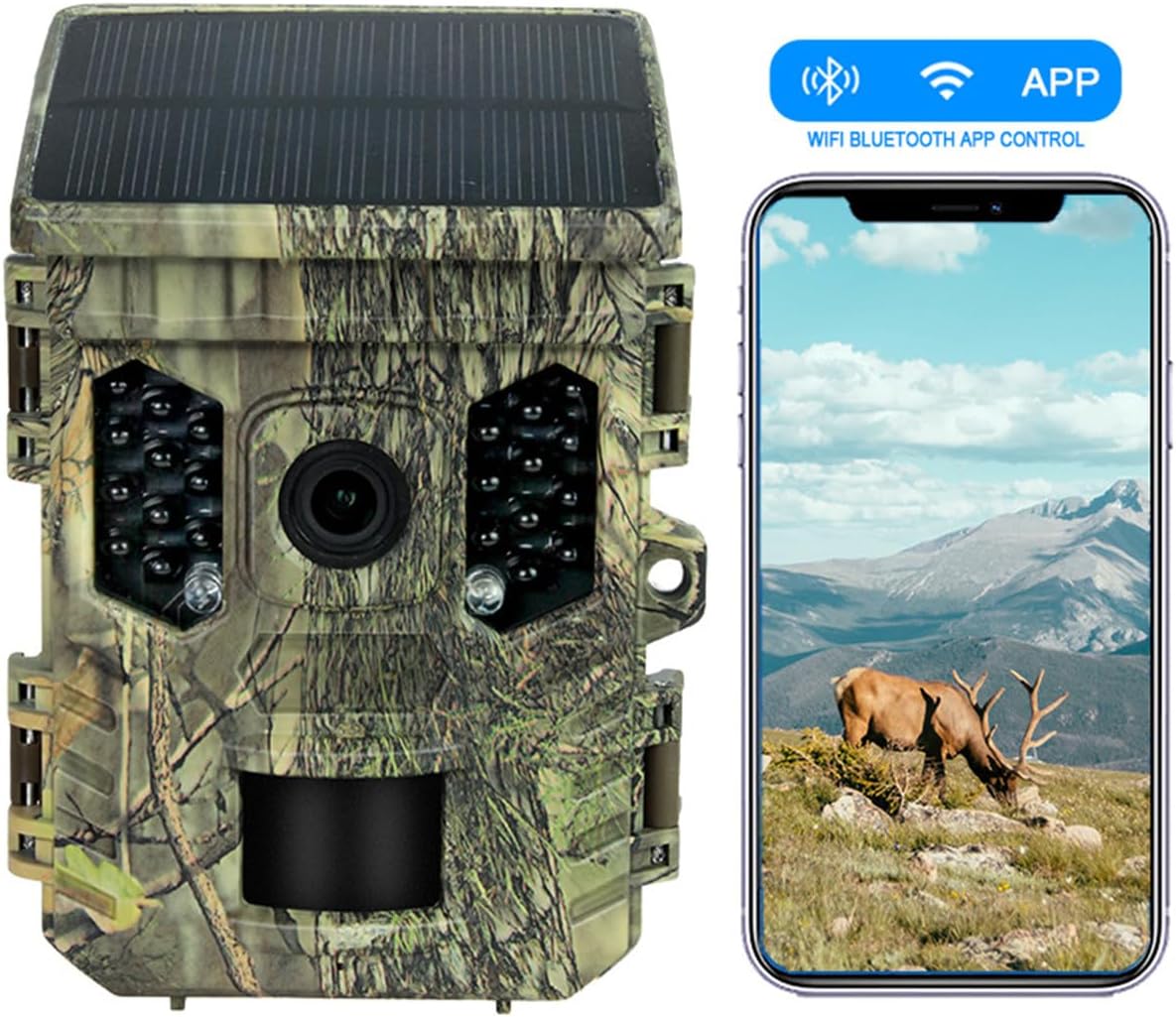 Trail camera with smartphone showing WiFi and Bluetooth app control