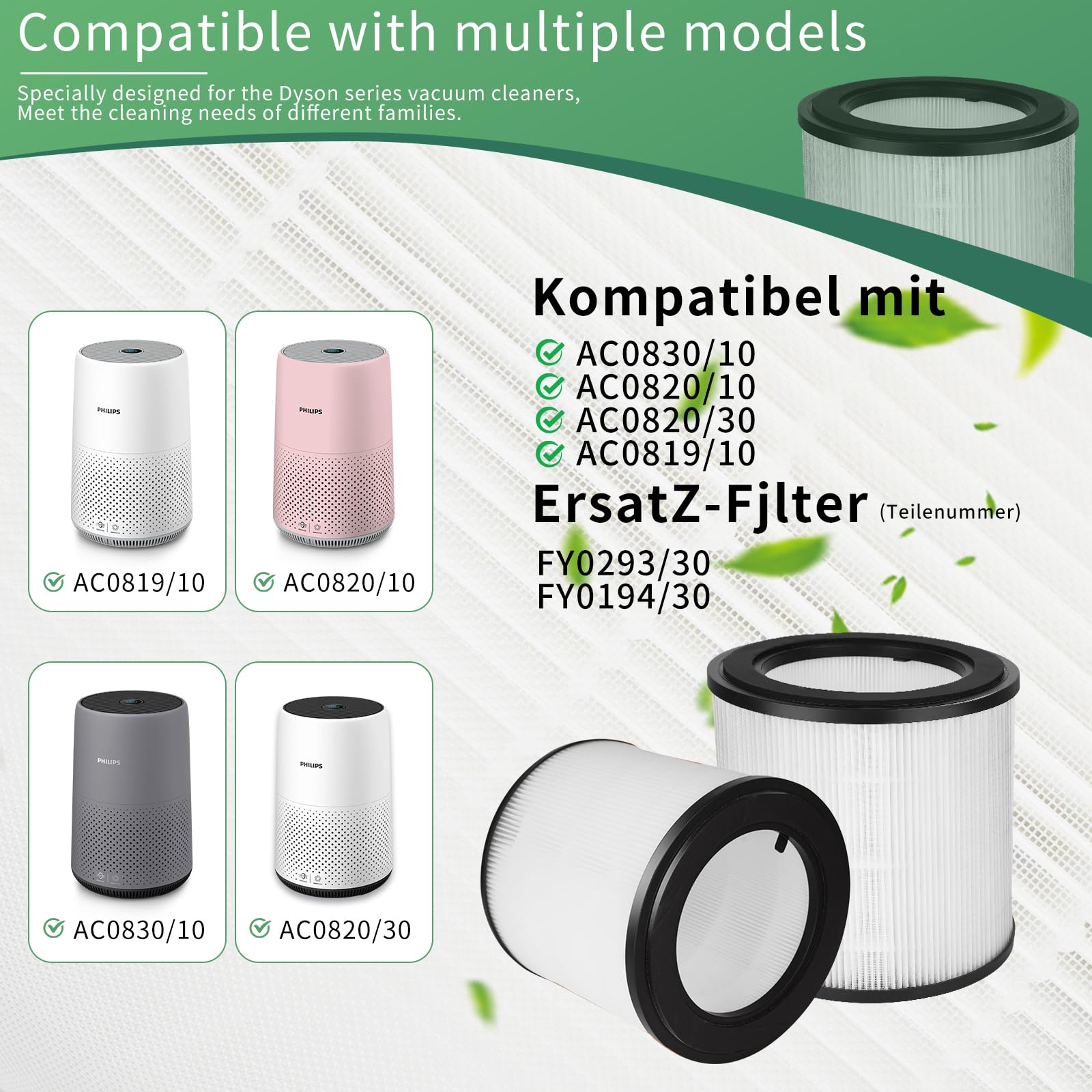 LCXCXY 2 szt Filtr HEPA, Dotyczy Philips, Dotyczy Philips serii 800 AC0830/10 AC0820/30 AC0820/10 AC0819/10 do oczyszczacza powietrza, FY0194/30 i FY0293/30