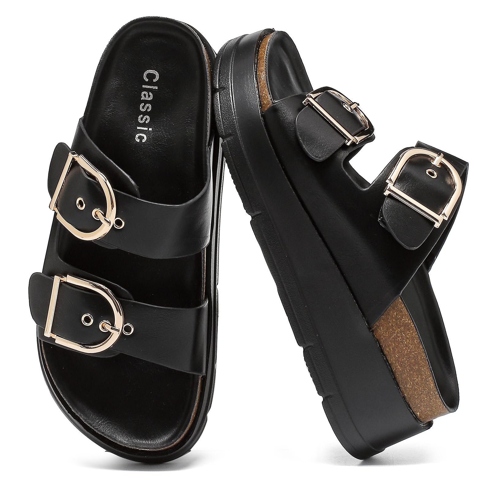 Otoepazm Plattform Sandalen Damen Mit Verstellbare Rieme Schnalle, Dicke Sohlen Pantoletten Mit Kork Fussbett, Plateau Strand Schuhe, Sommer Hausschuhe Leicht, Komfort Schlappen Rutschfest