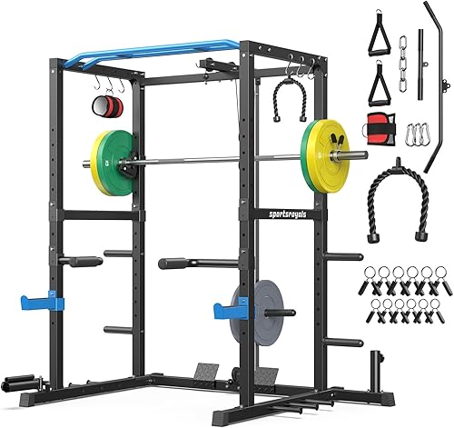 Miniatura 18 de Sportsroyals Jaula de Potencia, Rack de Potencia Multifuncional de 1600 libras con Sistema de Cruce de Cable Ajustable y Más Accesorios de Negro
