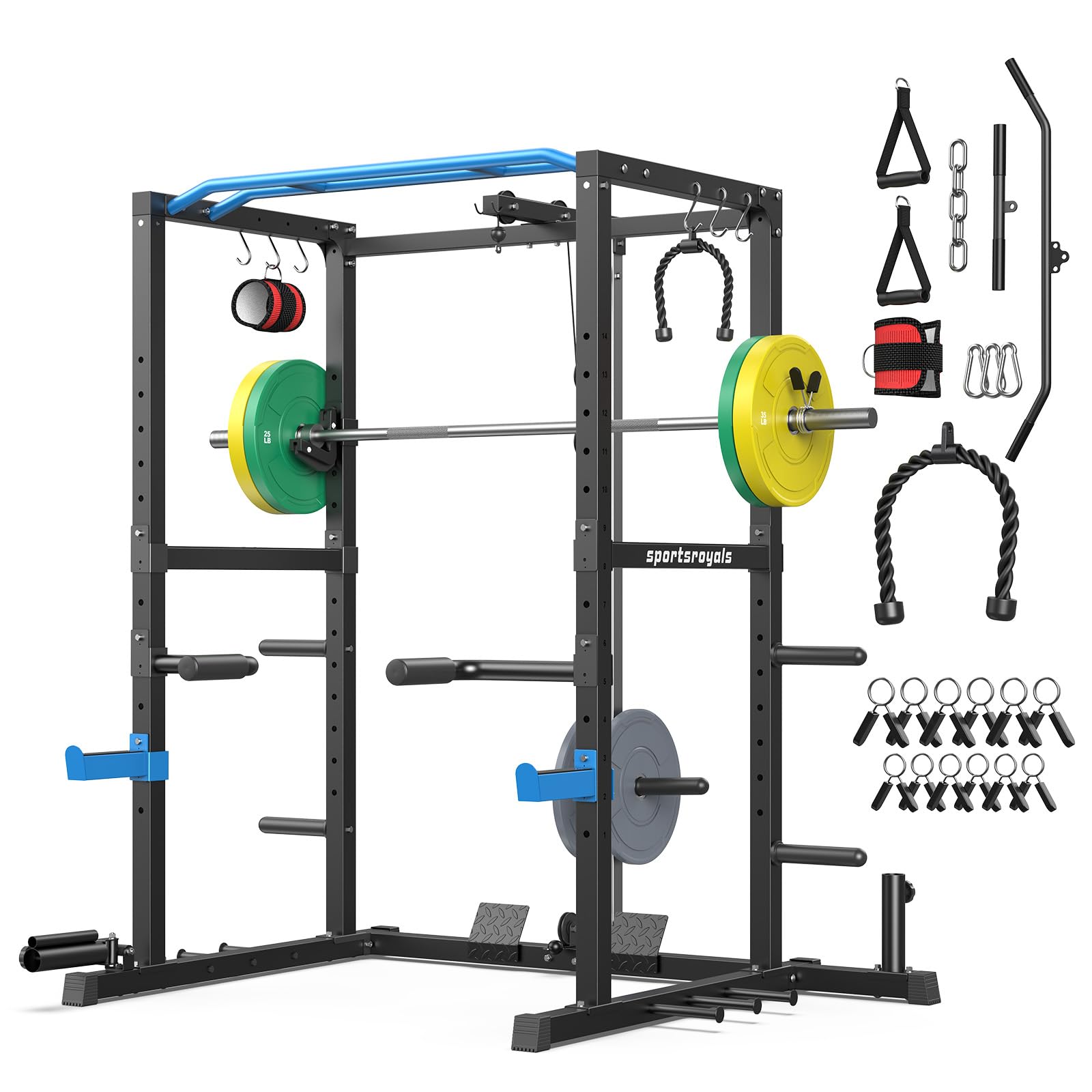 SPORTSROYALS Power Rack, Multi-Functional Power Cage, Squat Rack with Pulley System &amp; LAT Pull Down, Workout Cage with J Hooks for Home Gym