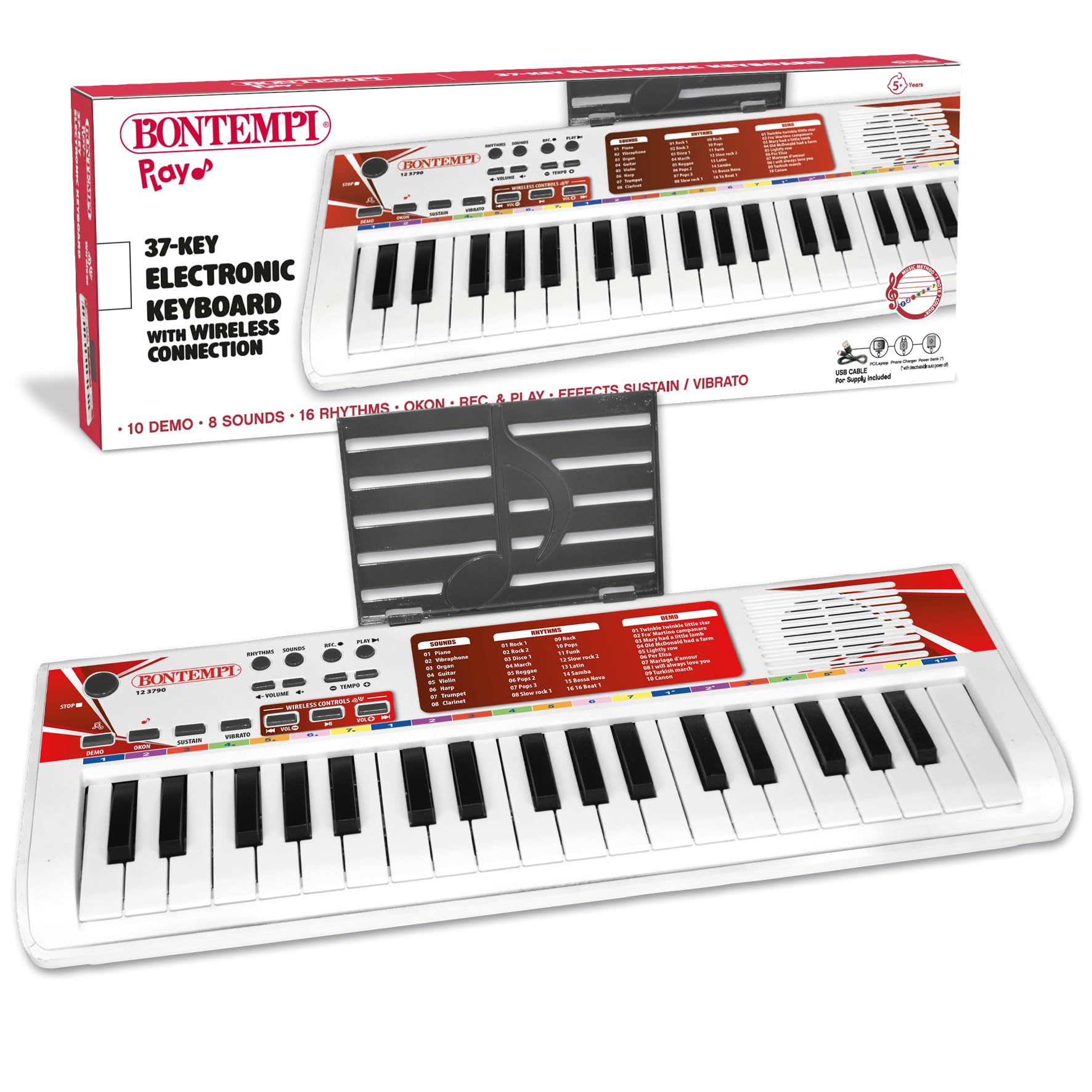 BONTEMPI - Elektronisches Keyboard 37 Tasten Kabellos mit 10 Vorab Aufgenommenen Liedern 8 Sounds 16 Rhythmen Lern- und Aufnahmefunktion 500x180x40 mm
