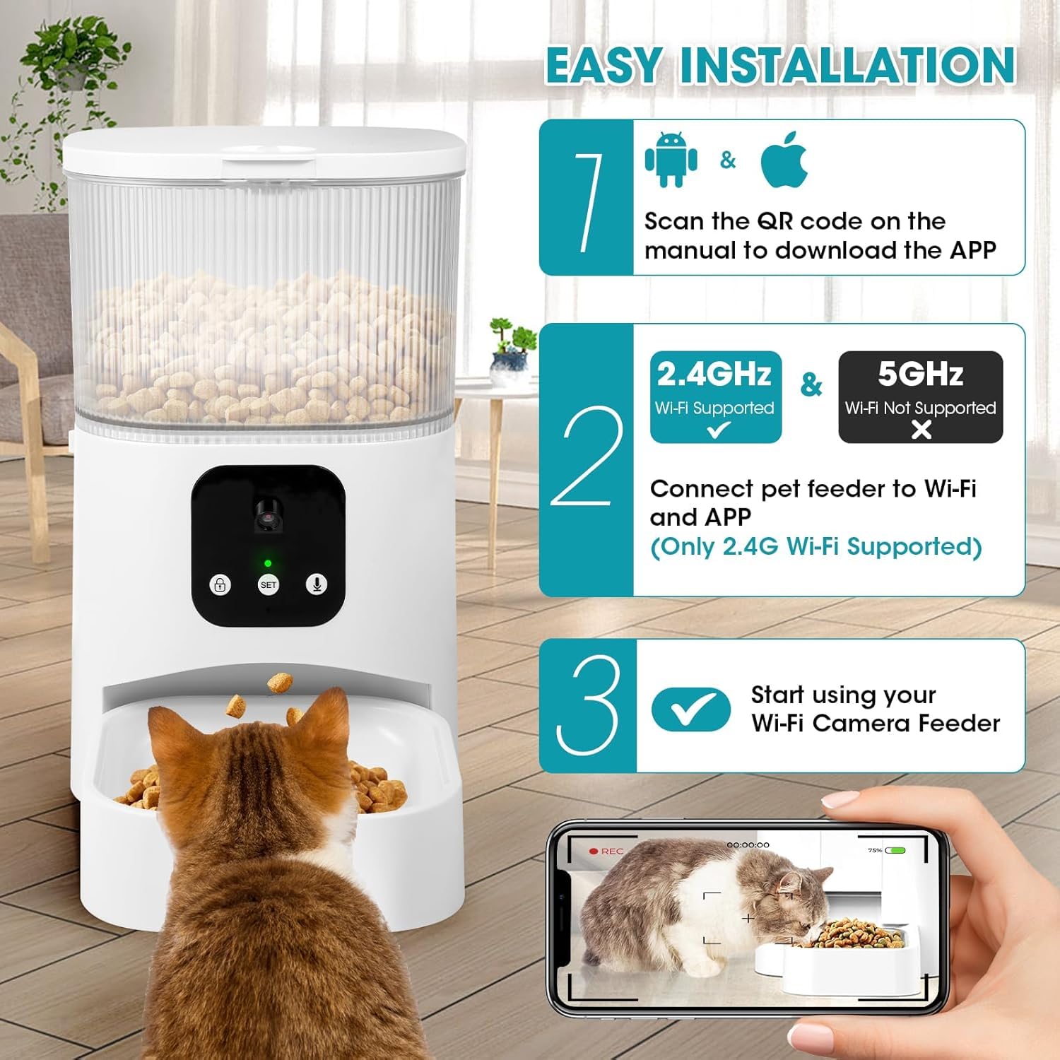 Distributore Automatico Cibo Gatti, 3L Dispenser Cibo Gatti con Fotocamera 1080P, 2,4G Wifi+Bluetooth, Funzione Timer e Registrazione Vocale