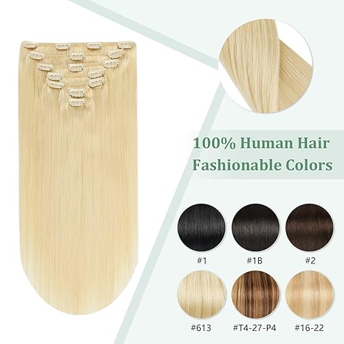 Miniatura 6 de Extensiones de cabello humano real con clip, de 14 pulgadas, color rubio decolorado, extensiones de cabello humano lacio y grueso, doble trama, 3.7