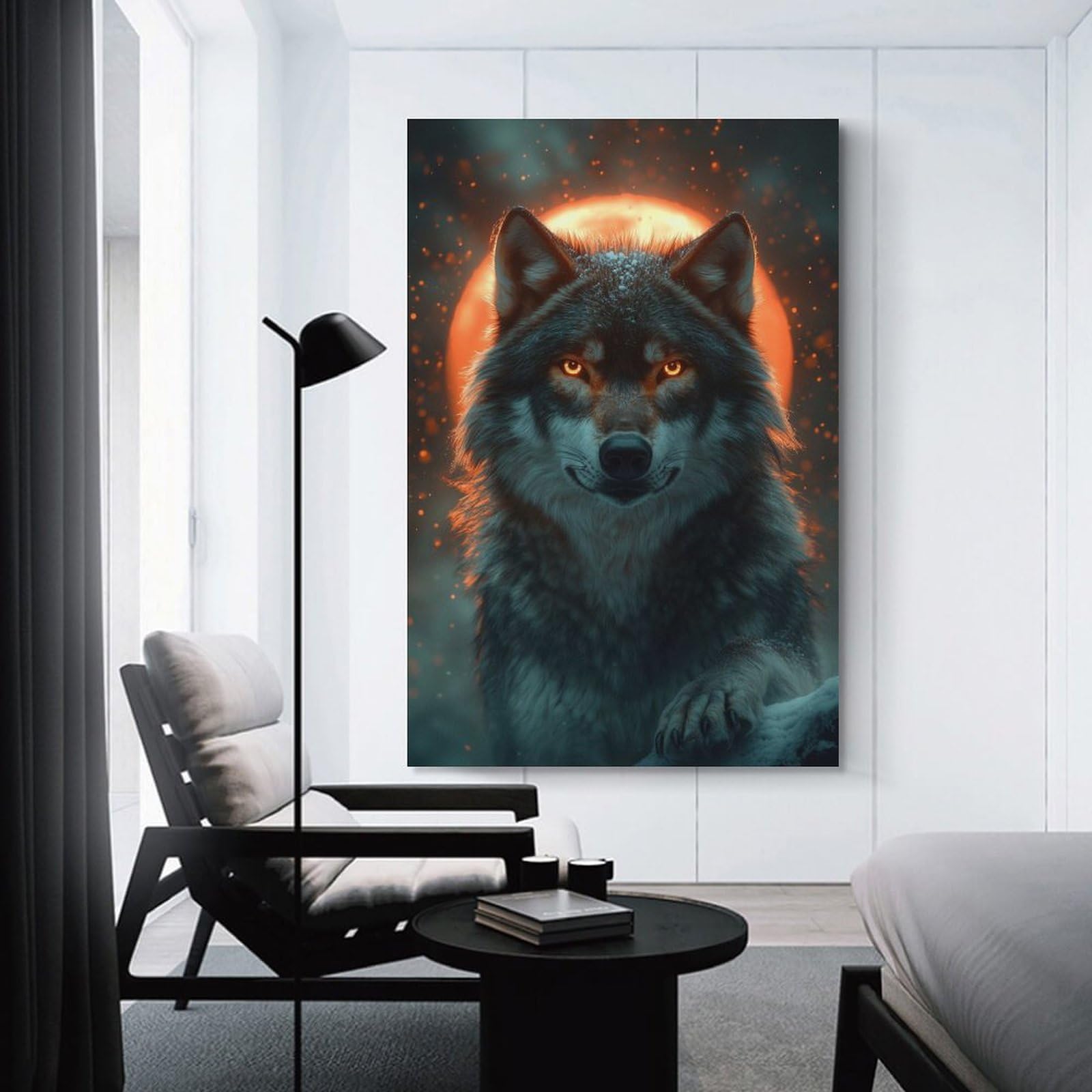 Junmoney Wall Art Print Wolf with Glowing Eyes And Moon, 20x30inch(50x75cm), for Home Lounge, Bedroom Or Reading Nook, Modern Wall Decor for Cosy Interiors