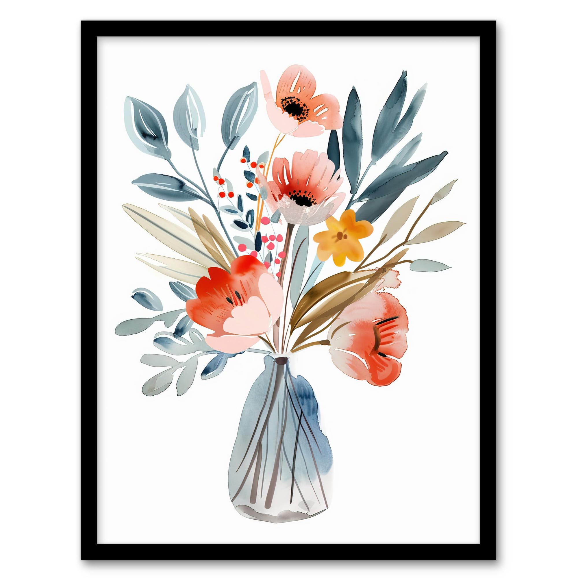 Artery8 Wildflower Bouquet Vase Pastel Floral Watercolour Living Room Artwork Framed Wall Art Print A4
