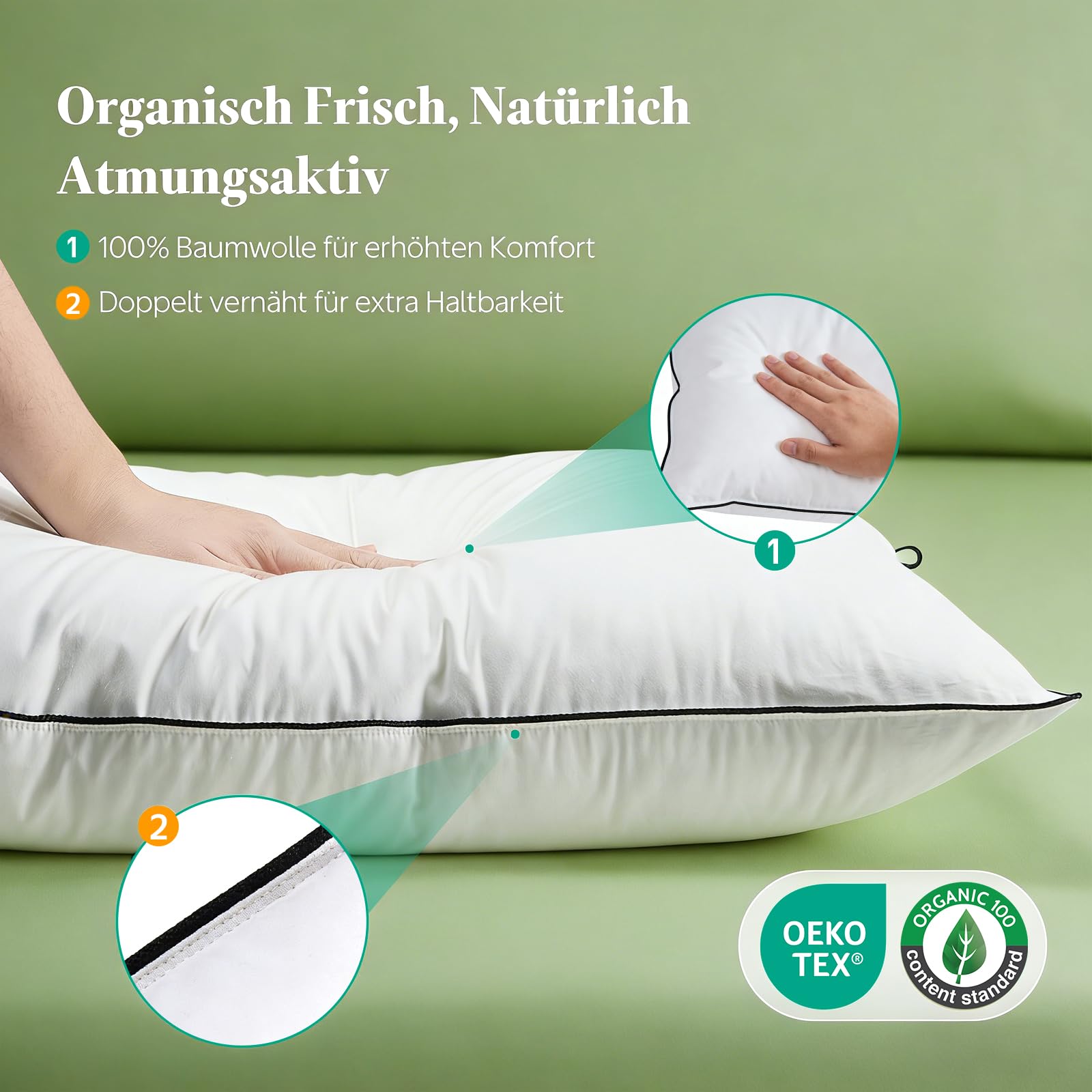 APSMILE Premium Daunenkissen 60x60 (2 Stück) | 90% Weiße Daunen Außen | Federmischung Innen | Kopfkissen Ergonomisches Design für höchsten Komfort | Weicher Bio-Baumwollbezug | je 790g Füllgewicht