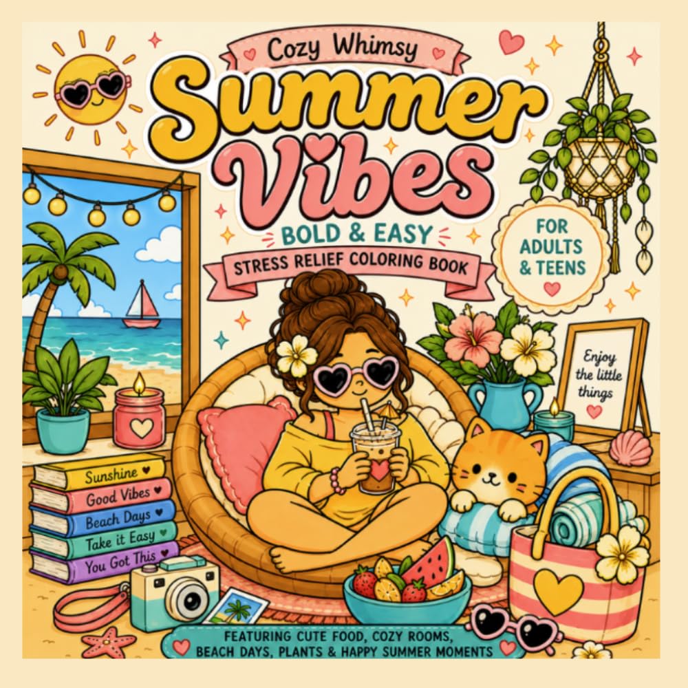 Sumer Vibes: Dark & Easy Stress Relief Coloring Book with Cute Cozy Summer Scenes, Kawaii Beach Vibes, Simple Bold Designs for Relaxation (Cozy Whimsy)