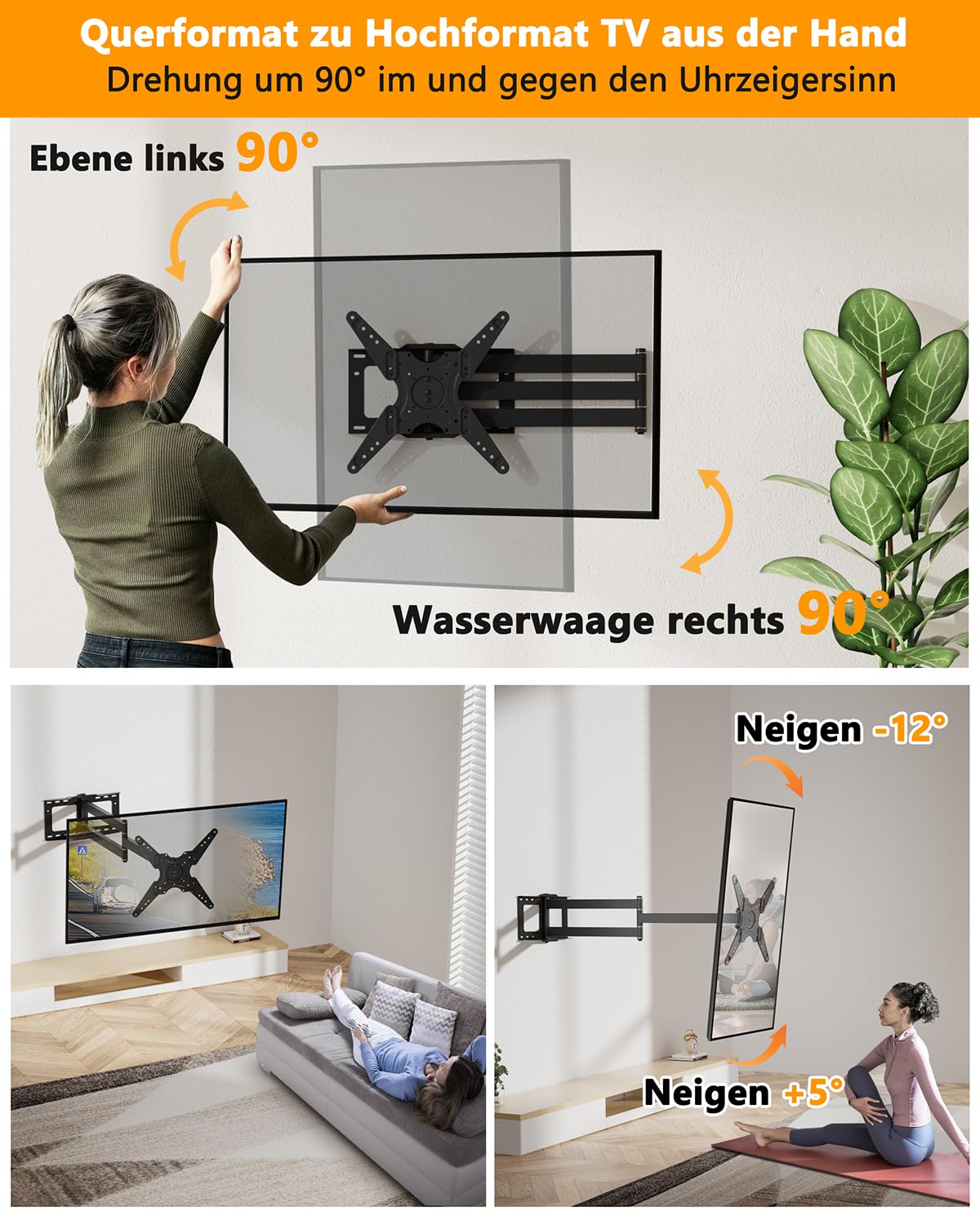 TV Wandhalterung mit 1219mm Langer Reichweite, 90° Drehbare Wandhalterung Fernseher Schwenkbar Neigbar Voll Beweglich TV Halterung für 26-65 Zoll Fernseher & Monitor bis zu 50kg VESA 400x400mm