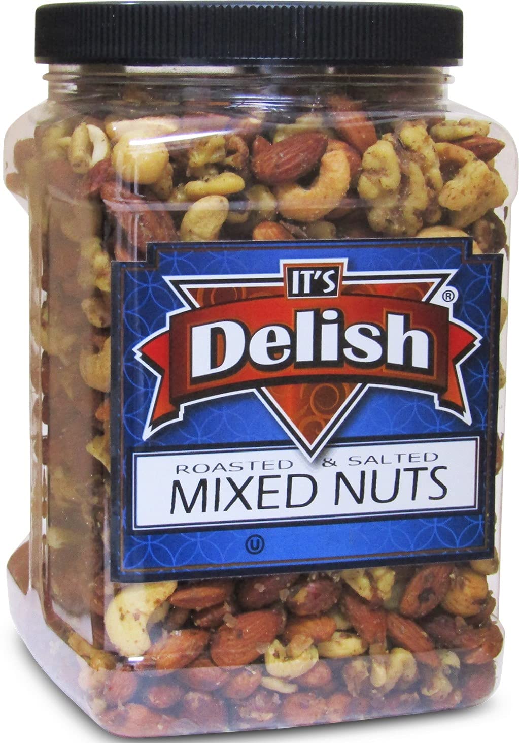Deluxe Roasted Salted Mixed Nuts in Sea Salt by Its Delish – Bulk 2 lbs Jumbo Reusable Container Jar - Premium Roasted Nut Mix Without Peanuts – Delicious Snacking Nuts – Great Parties Snacks, Keto, Vegan, Kosher