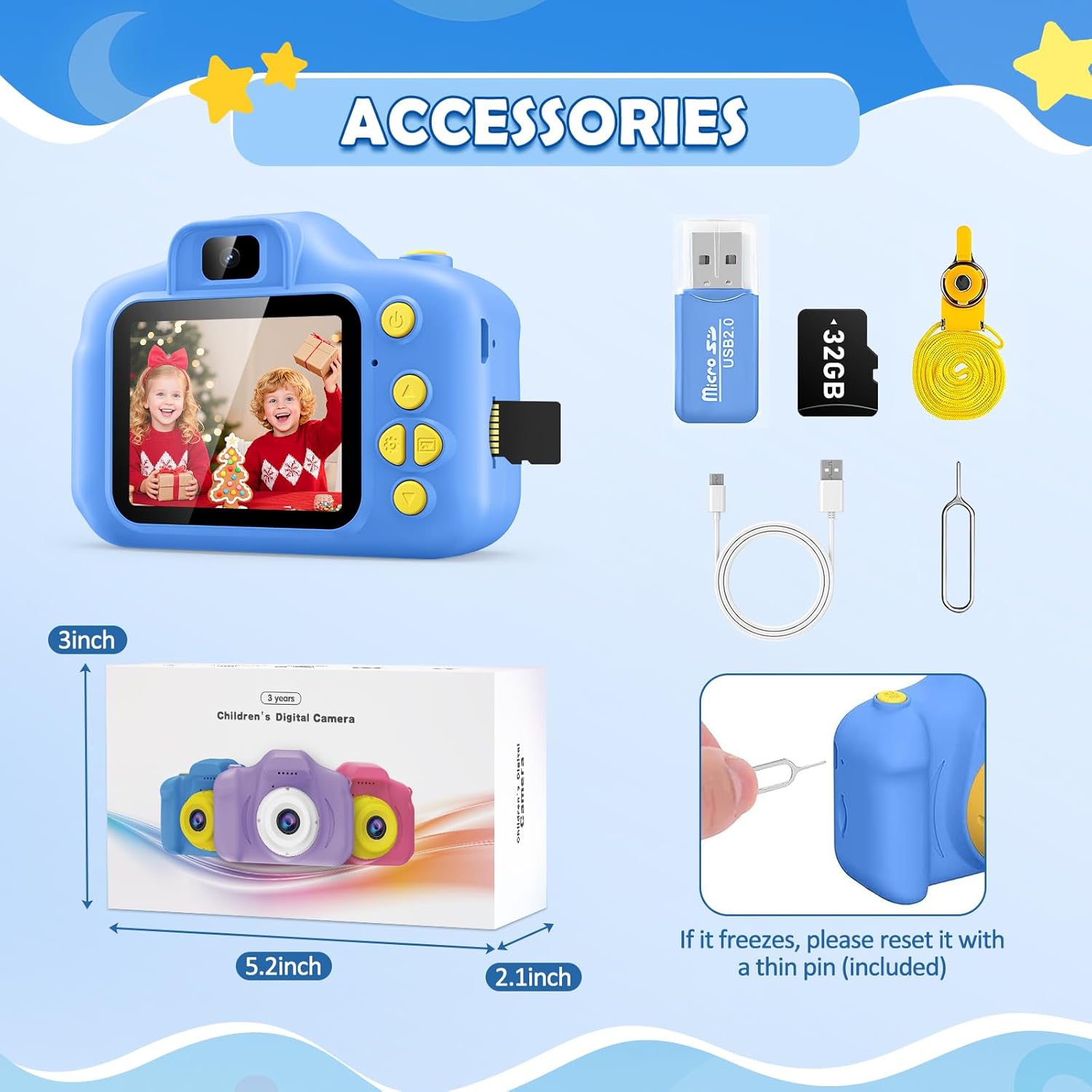 Desuccus Kids Camera Toys Christmas Birthday Gifts for Boys and Girls Kids Toys 3 4 5 6 7 8 9 Year Old HD Digital Video Camera for Toddler with 32GB SD Card (Blue) - Image 7