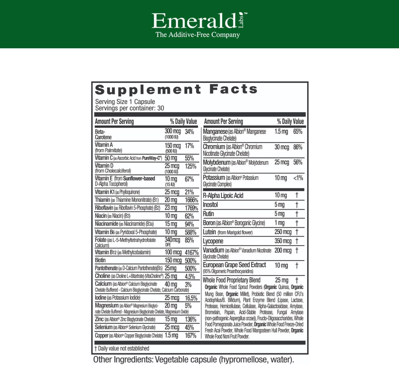 EMERALD LABS Men's 1 Daily Multi - Additive-Free Men's Multivitamin - Includes Lycopene, Zinc, Vitamin D3, & More - Supports Bones, Prostate & Vision* - 30 Vegetable Capsules