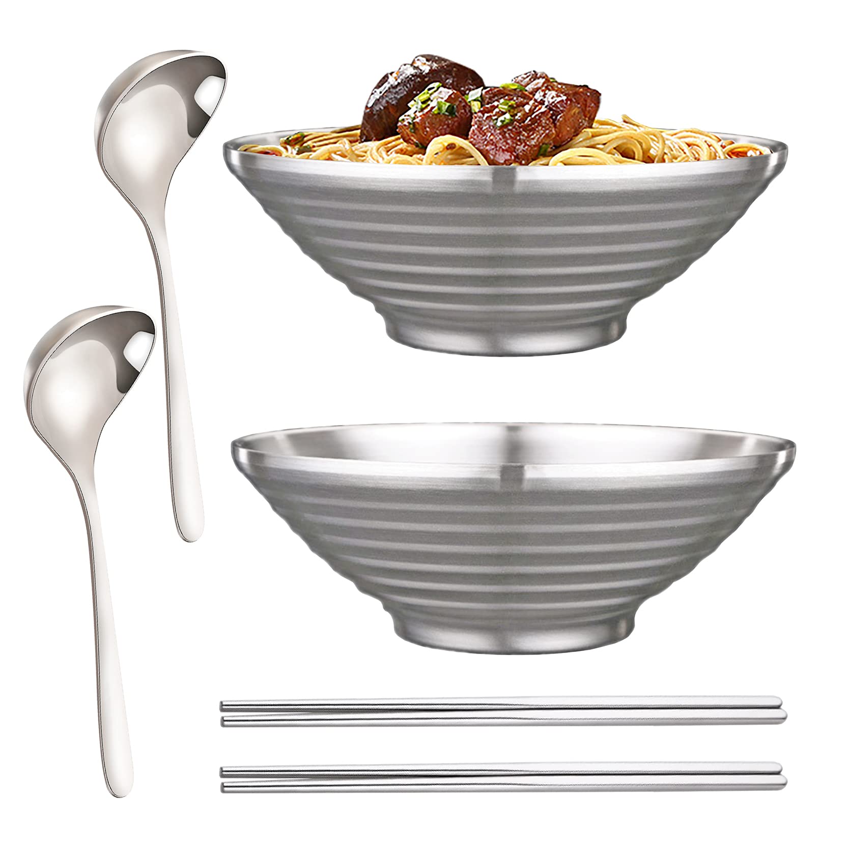 Lot de 2 grands bols japonais de 24cm x 8.5cm, avec cuillères et baguettes assorties, bol à ramen en acier inoxydable 18/10, grands bols à soupe asiatique, bol Udon épais