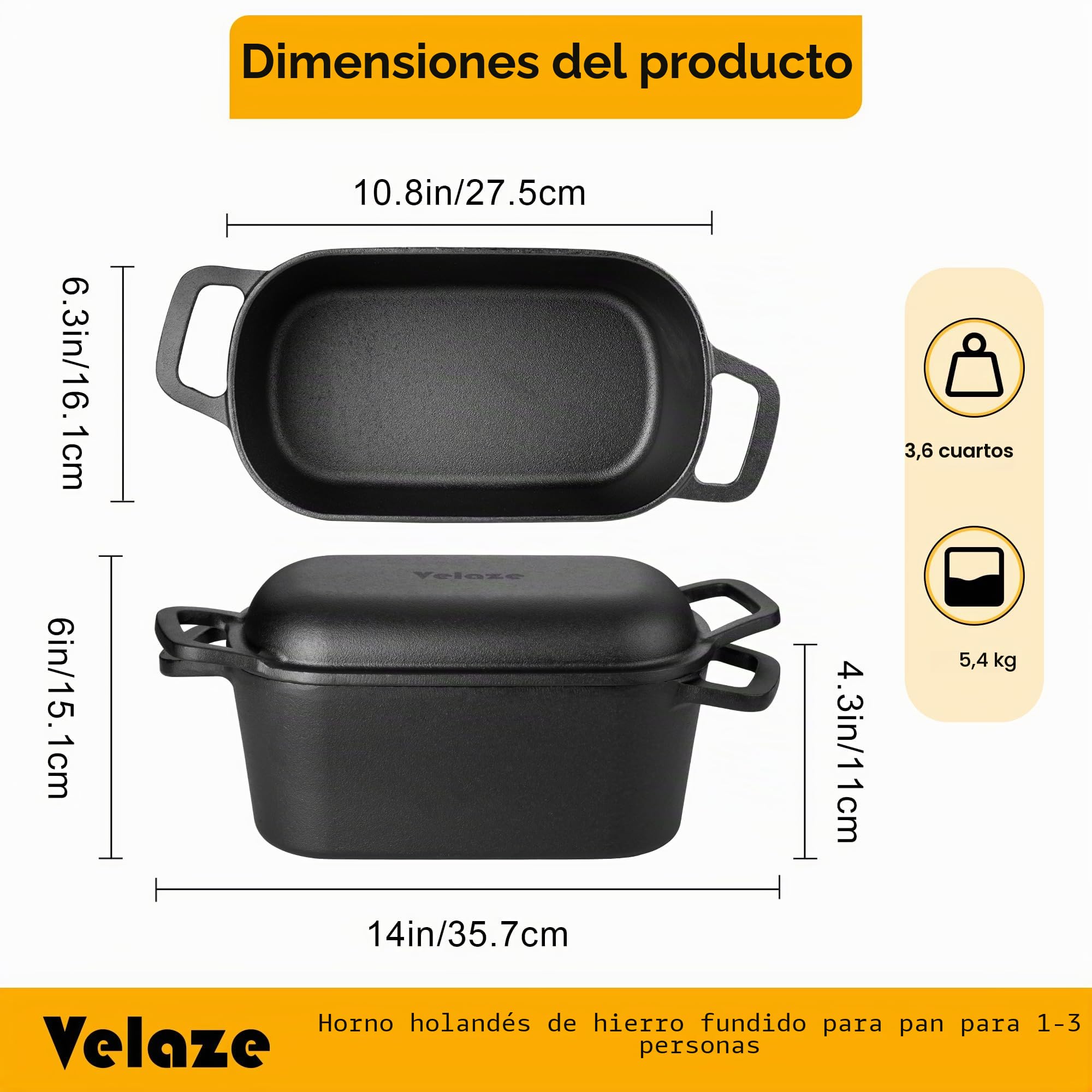 Velaze Olla de Hierro Fundido para Pan 3.4L - Cacerola Holandesa Rectangular 27x15 cm con Tapa, Interior Cremoso Antiadherente - Adecuada para Inducción (Negro)
