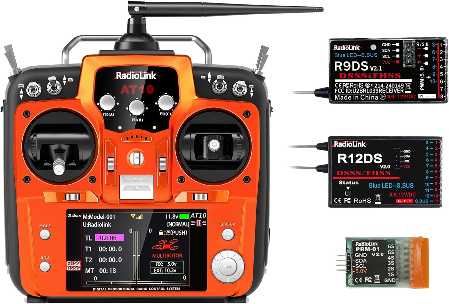 Radiolink AT10II 2.4G 12 Channels RC Transmitter and Two Receivers R12DS/R9DS Set Radio Controller Airplane Voltage Monitor for RC FPV Aircraft, Quad, Helicopter and More(3 Pcs)