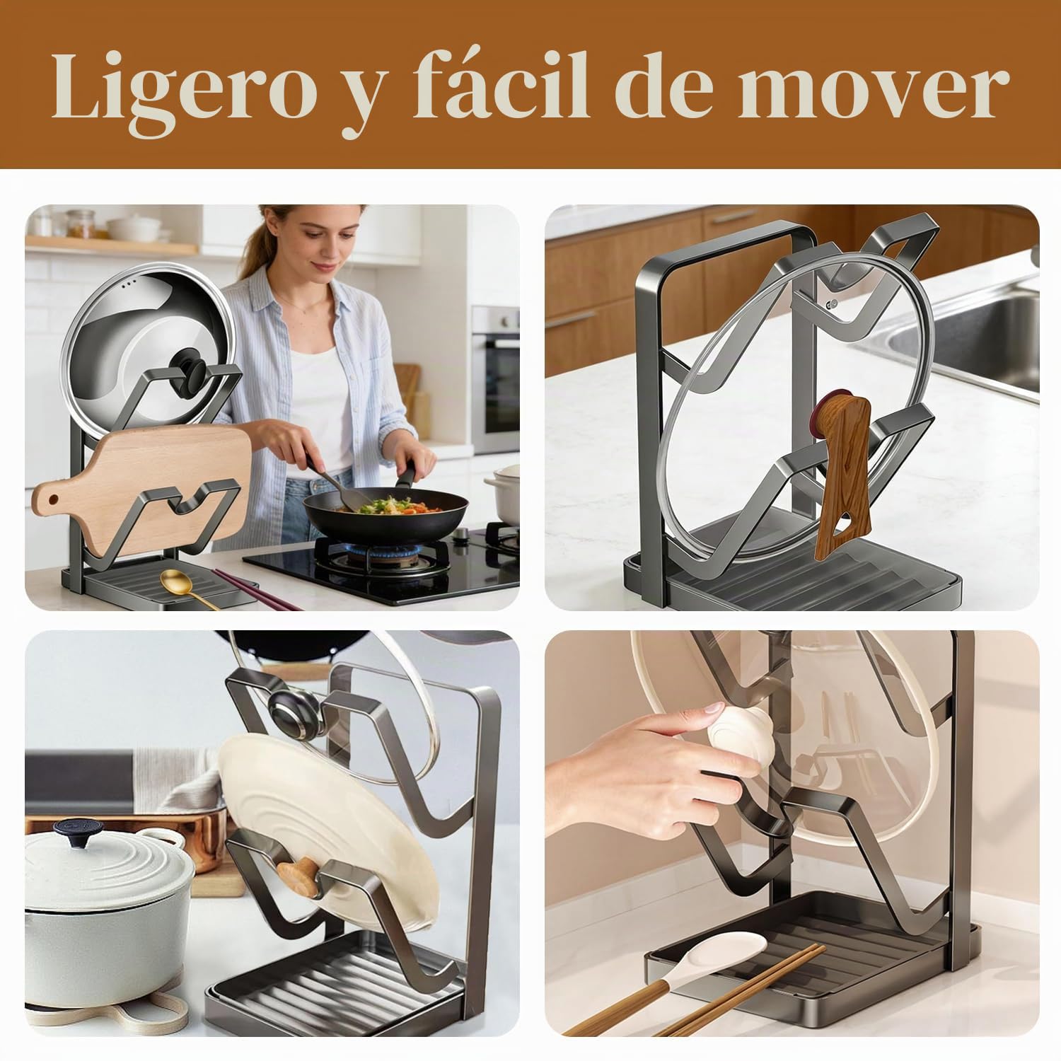 Organizador de tapa de olla con soporte, Organizador de tapa de olla con Bandeja Extraíble para Goteos, Soporte de tapa de olla de acero inoxidable de 2 capas, para cuchara para encimera de cocina
