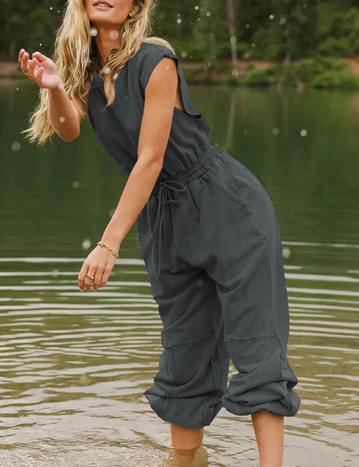 Flygo Womens Casual Jumpsuit Crewneck Cap Sleeve Long Wide Leg Pants One Piece Outfits Drawstring Romper with Pockets - Image 4