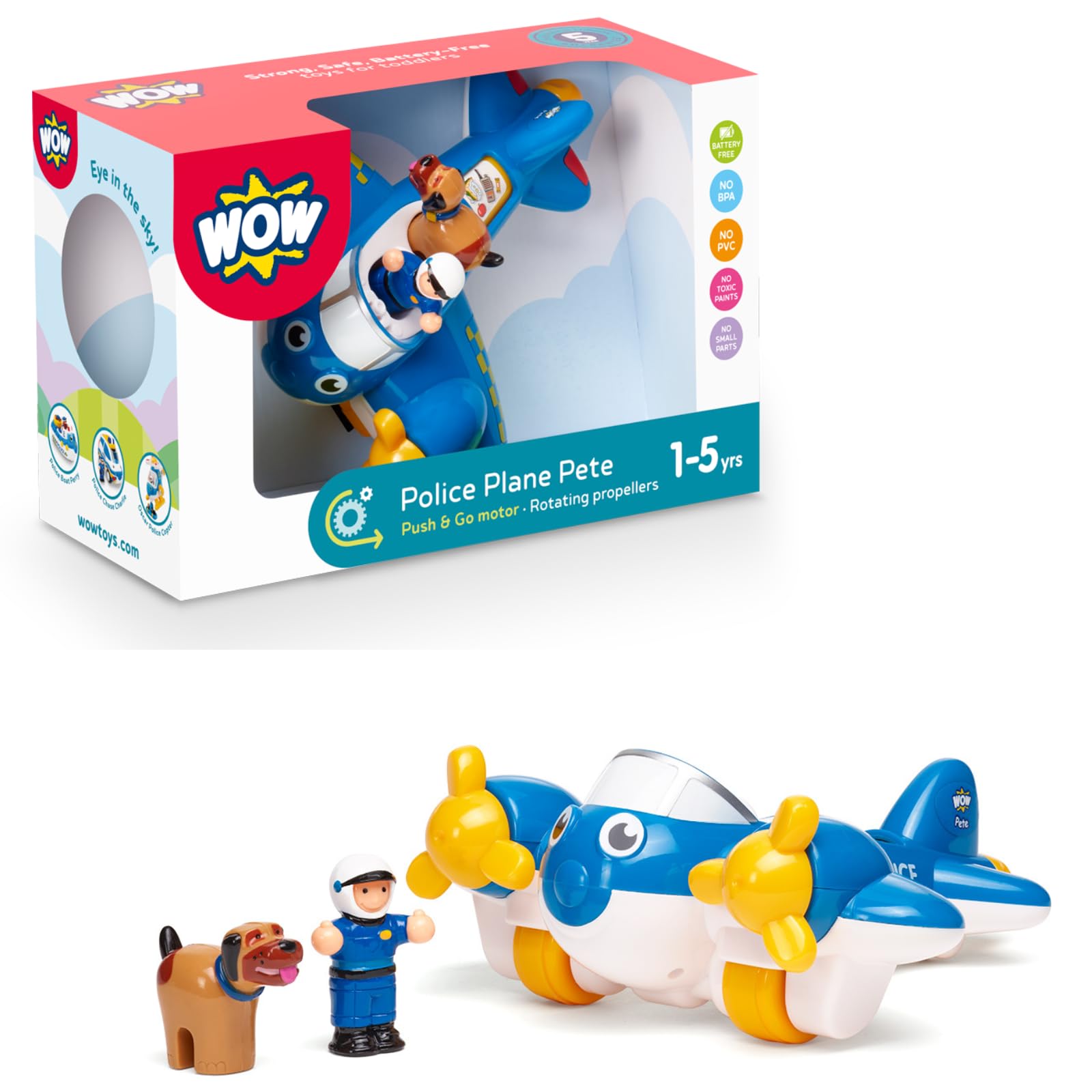 Wow Toys Police Plane Pete – Friction Powered Toy Plane with Pilot & Police Figures | No Batteries, Durable Preschool Vehicle for Toddlers Ages 1–5