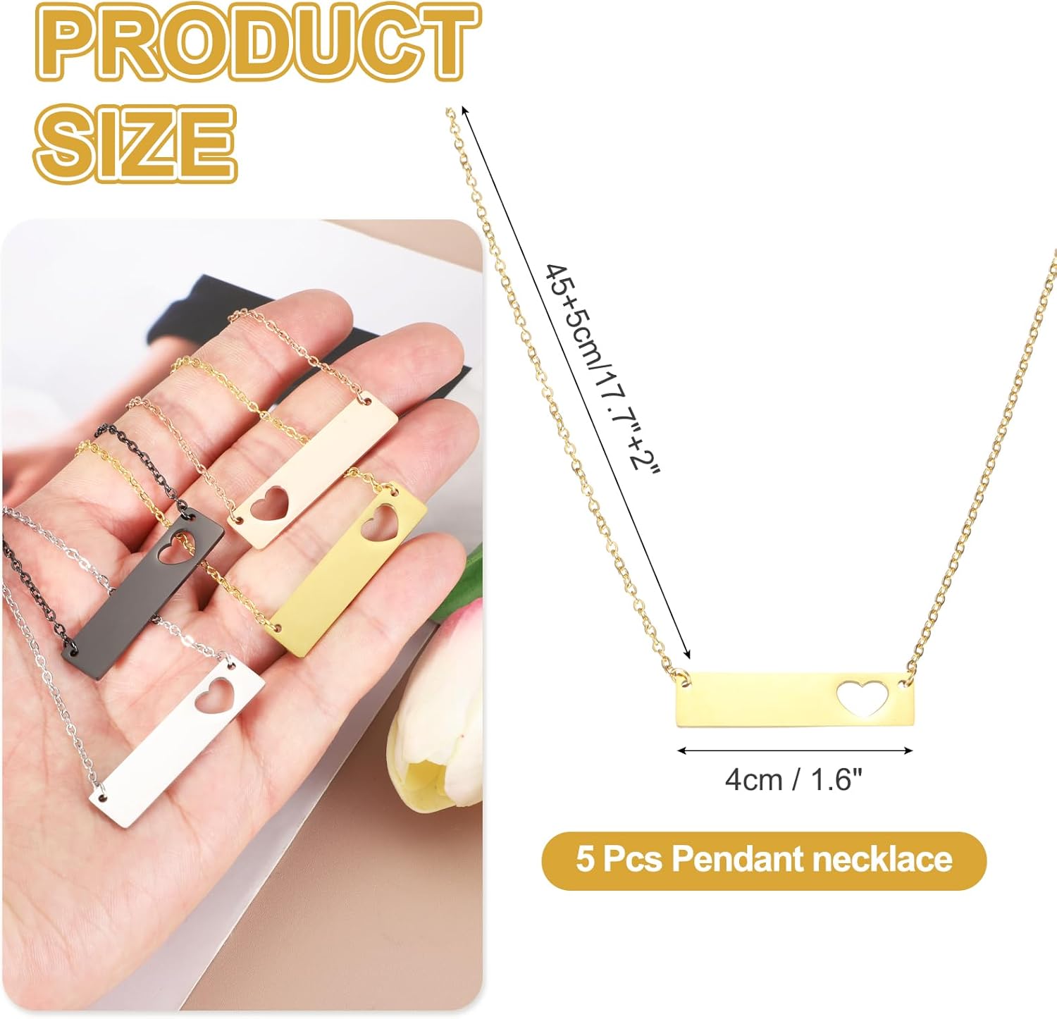 MECCANIXITY 5Pcs Initial Bar Pendant Necklace, Stainless Steel Rectangle Blank Pendant Necklace, Heart Bar Charm for Woman Gifts Jewelry, Golden - Image 2