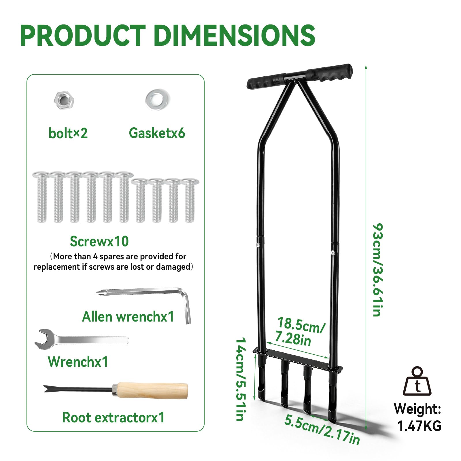 CDIYTOOL Aireador de césped, aireador de césped de jardinería para cuidado del césped y suelo compactado, 4 puntas, resistente, mango largo, tapón manual de suelo de jardín con herramienta de limpieza