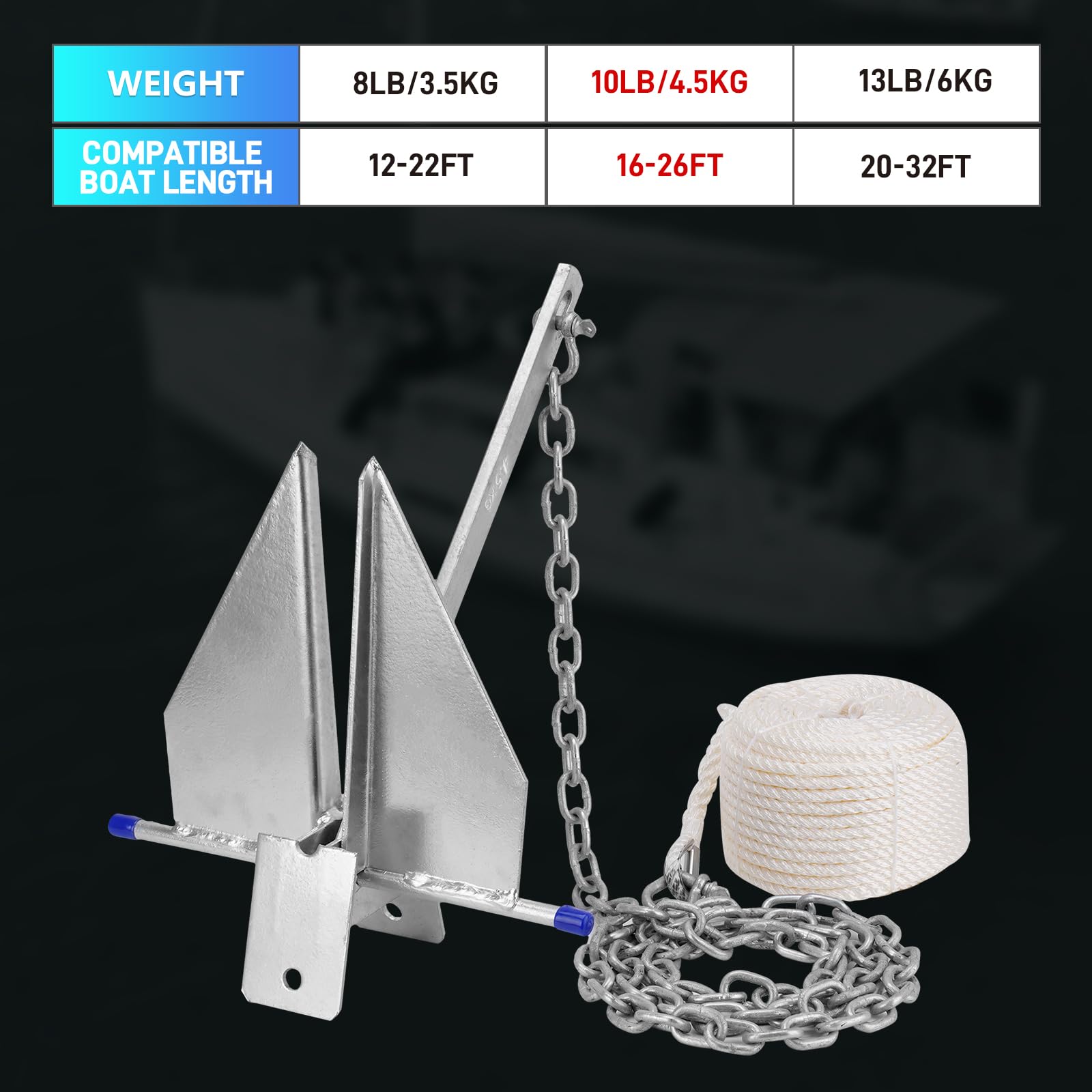 Kit di ancoraggio per barche resistente, stile Fluke, con catena e corda, compatibile con pontone, ponte, pesca e barche a vela, in acciaio zincato