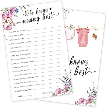 Who Knows Mommy Best baby Shower Games for Boy or Girl, 30 Pack Watercolor Wildflower Game Cards with 1 Answer Card, Gender Reveal Announcement Party Activity Supplies-17