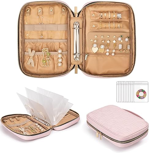 Allinbag Bolsa organizadora de joyas de viaje con 5 páginas grandes transparentes y 10 rejillas, organizador de collares de viaje transparente y