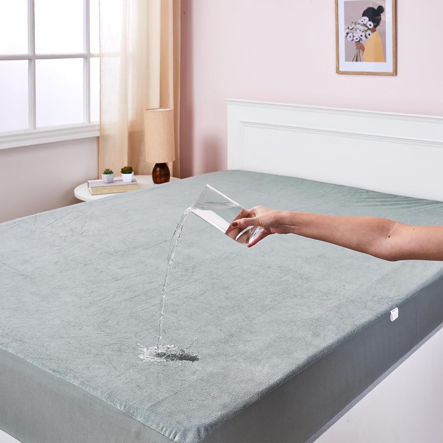 amazon basics Waterproof Bamboo Mattress Protector | 78"x72"x12" | Cooling Terry Bamboo Layer | Protects Against Spills & Accidents (Grey)-picture-6