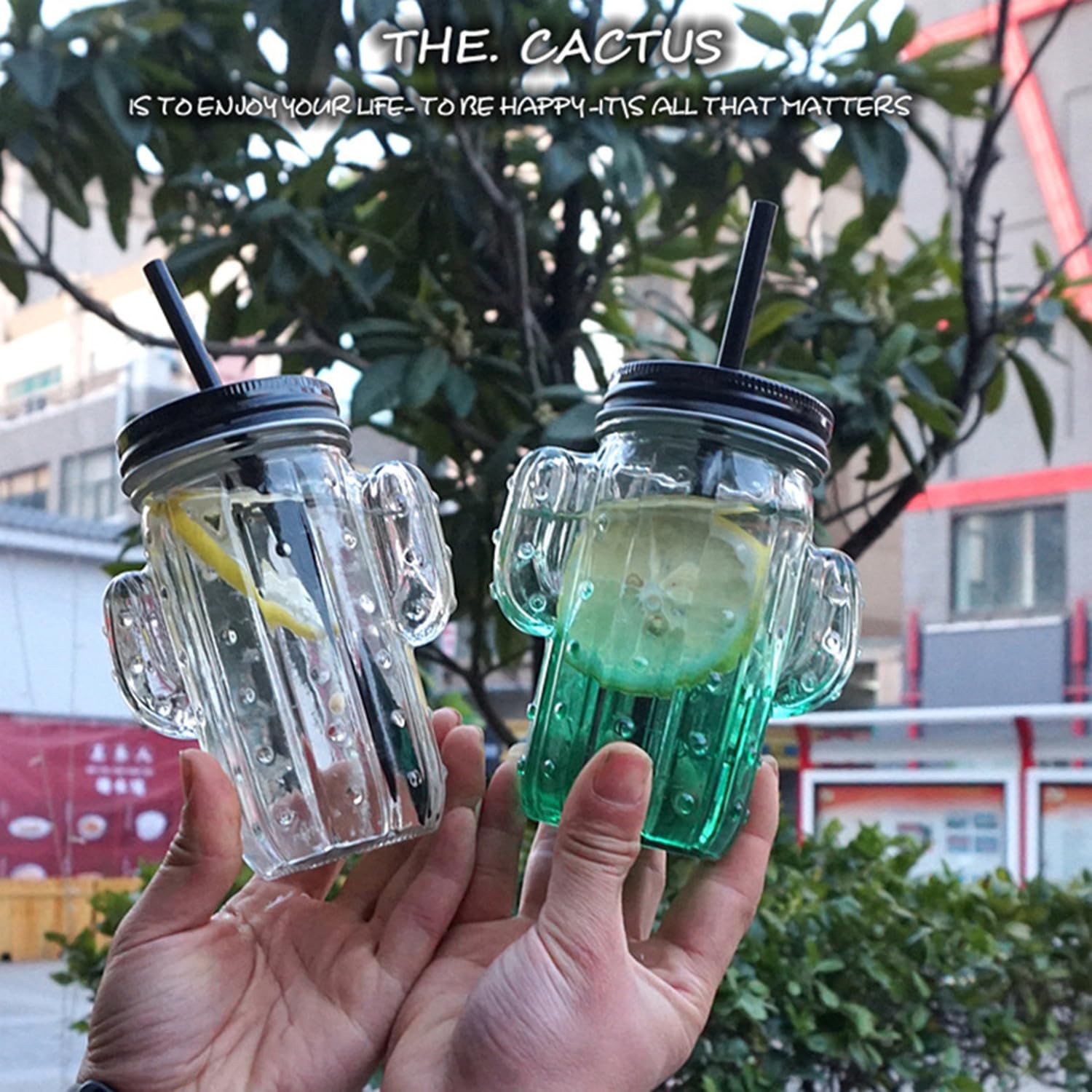 Lot de 4 tasses en verre avec paille, verres à cactus, tasses créatives pour eau, jus, café (verre cactus, vert)