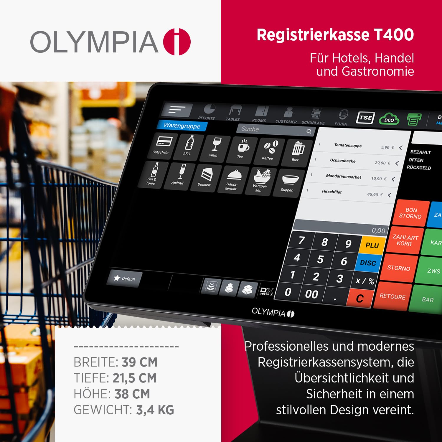 Olympia T400 Kassensystem Touchscreen Kasse Android 11 USB-TSE Registrierkasse Kundenanzeige Cloudoption Komplettsystem