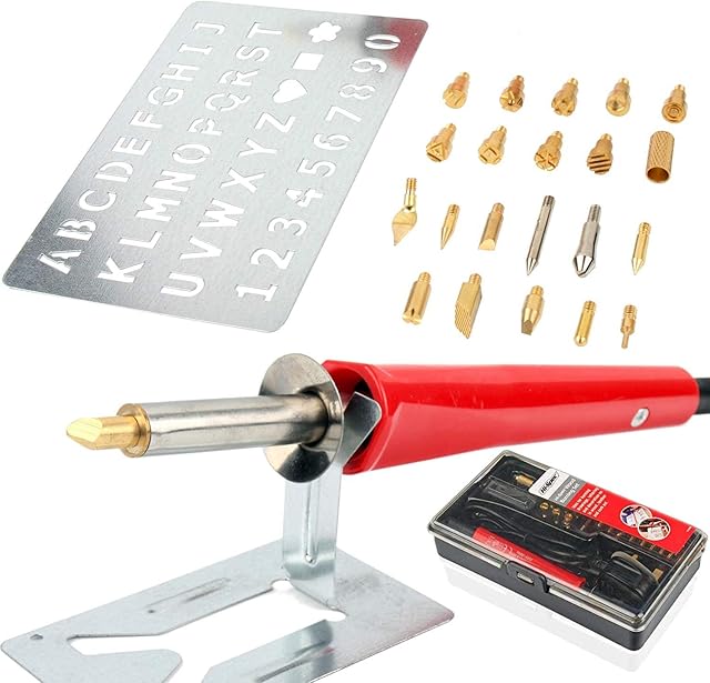 Hi-Spec 23pc 30W Wood Burning Pyrography Iron Pen Set. Complete Starters Kit with Engraving Tips, Stencil, Stand and Soldering Bit