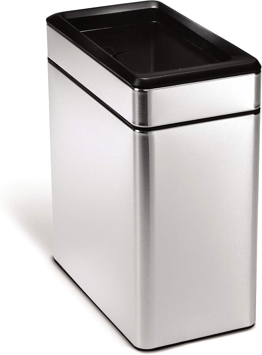 simplehuman Slim Open Can, 10L / 2.6 Gallon Commercial Office Trash Can for Hotel Rooms, Conference Rooms, Reception, Heavy Duty Stainless Steel, ADA-Compliant, Brushed Stainless Steel