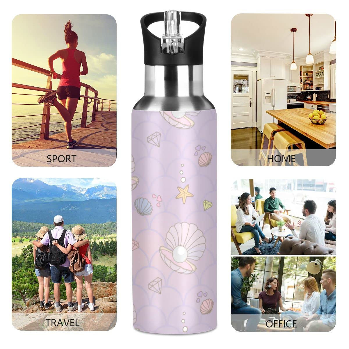 Edelstahl-Wasserflasche mit Strohhalm, schöne Perlen und Meerjungfrauen, isolierte Trinkflasche, Sport-Wasserflasche für Kinder und Erwachsene, auslaufsicher, 1 l