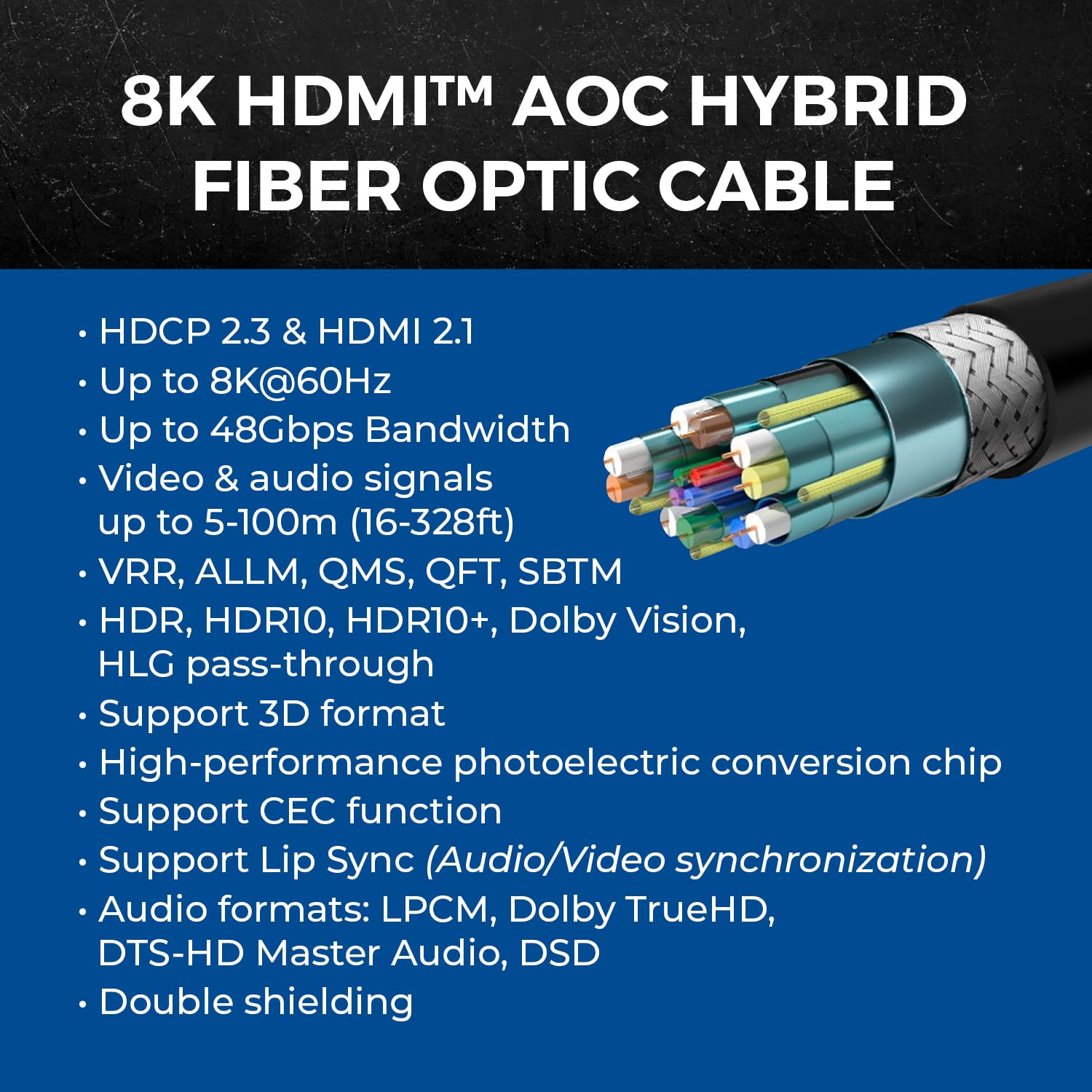 OREI Cable HDMI 2.1 8K de 150 pies - AOC Cable HDMI de fibra óptica activa, 48 Gbps, 8K @60Hz, 4K @120Hz, HDR10+, eARC, HDCP 2.3, sin EMI, chapado en oro, trenzado de nailon