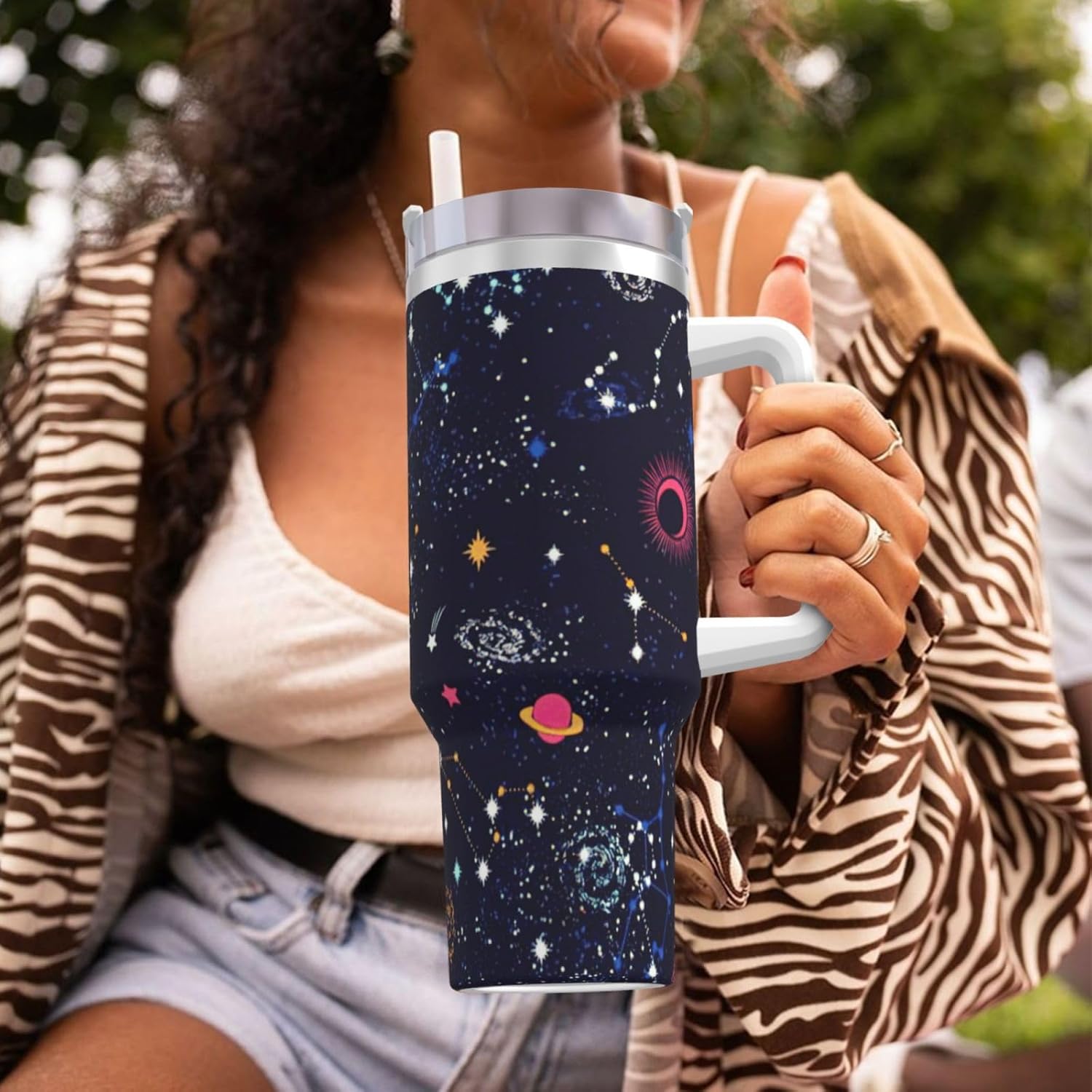 40 OZ Star Constellation Map Print Ice Bully Cup with Handle Straw Lid Straw,Stainless Steel Tumbler Coffee Cup