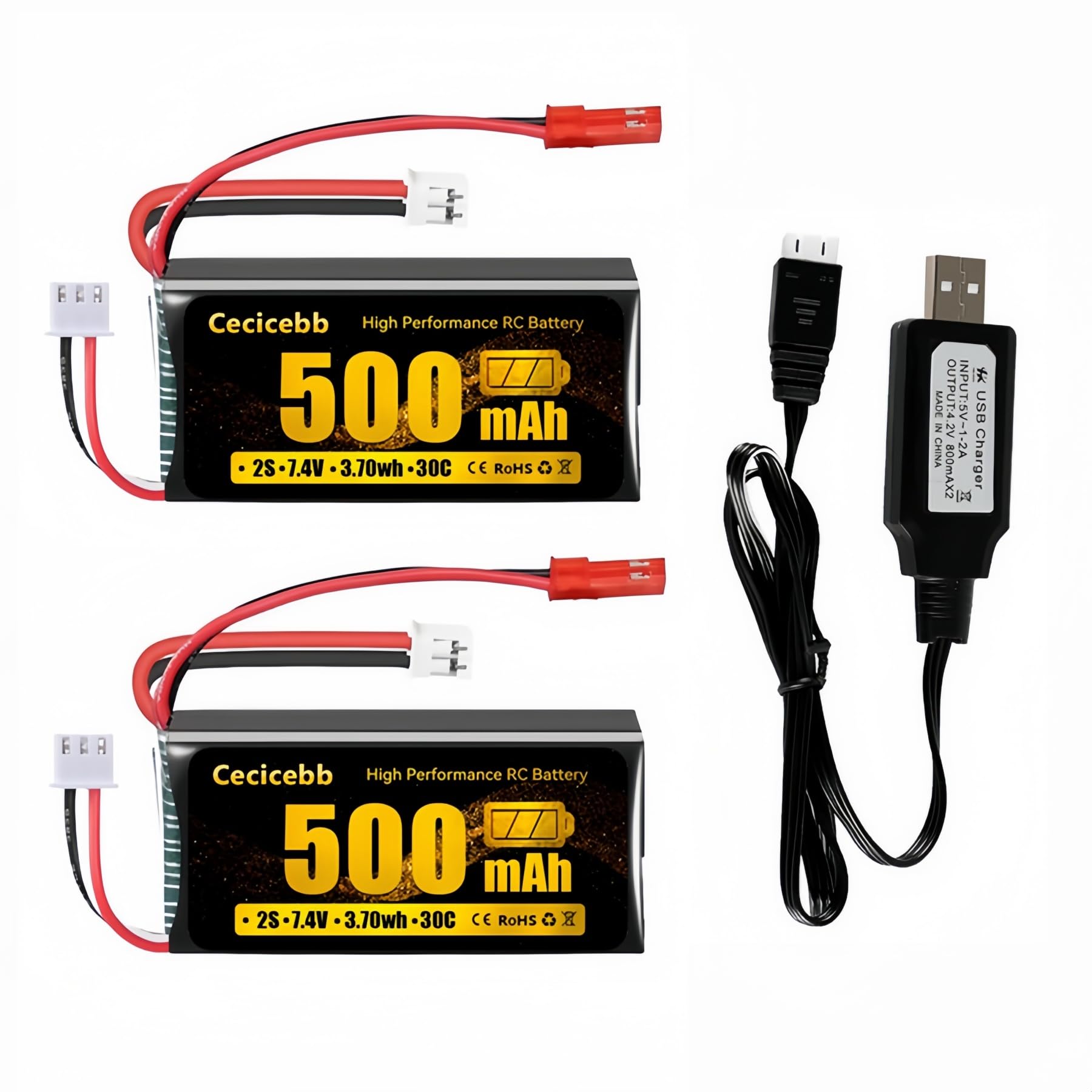 Cecicebb SCX24 Battery 7.4V Lipo Battery 2S 30C 500mAh Rechargeable with JST & PH2.0 Plug for SCX24 and 1/10, 1/16, 1/18, 1/24 Scale RC Cars Vehicle