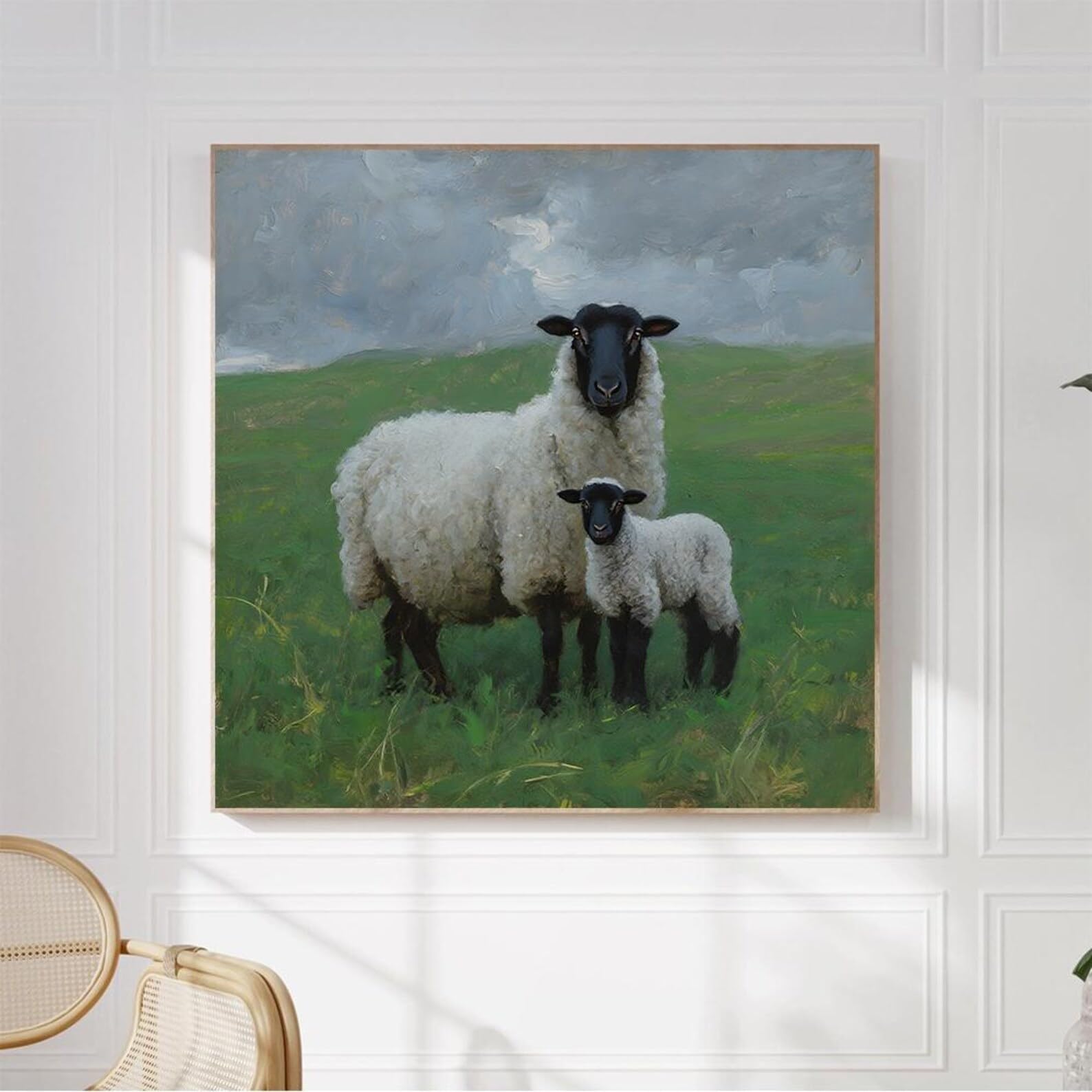 CAOXTART Obraz ze zwierzętami gospodarskimi, nowoczesny minimalistyczny wystrój domu, plakat na płótnie z czarną owcą i wydruki, vintage rustykalny dom wiejski sztuka ścienna (30 x 30 cm/rama