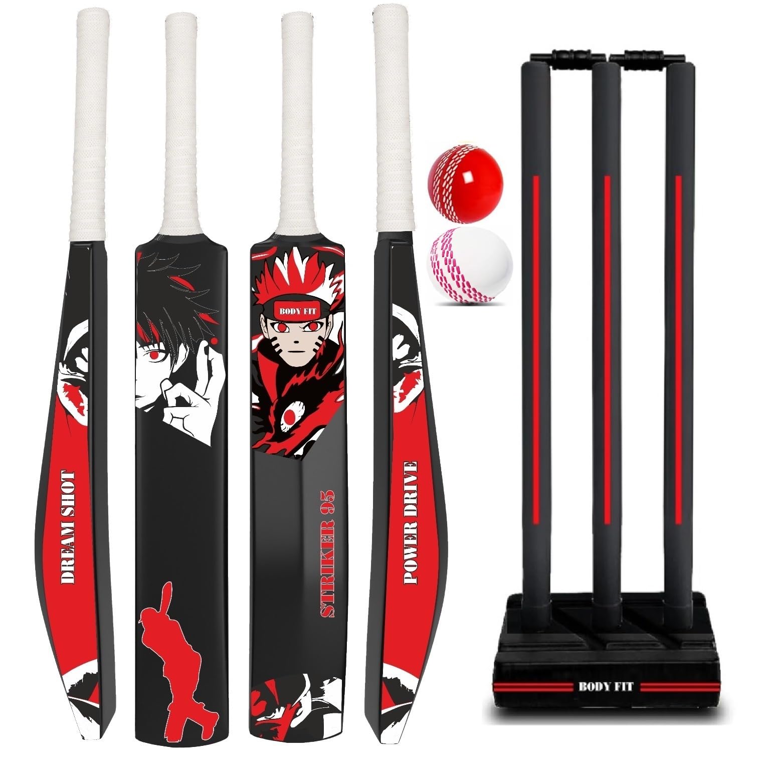 Bodyfit Premium T-20 Cricket Bat for Men, Women & Children | Lightweight| Full Size| | Hard Plastic Bat| Premium Cricket Wicket Set l 3 Stumps+2 Bails+1 Stand Set, 2 Balls, S-95 Red WG.-image-25
