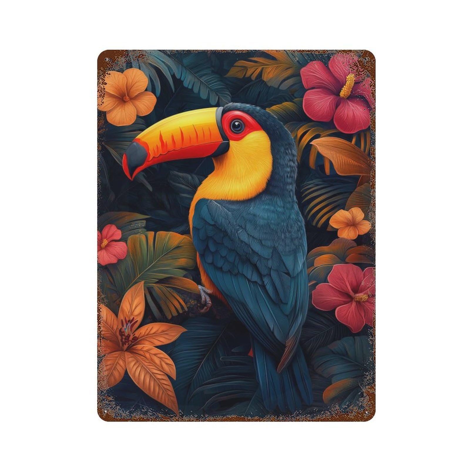Rust Effect Colorful Toucan in Tropical Foliage Retro Metal Sign 15.7"x11.8", Classic Wall Plaque for Cafe, Home Bar And Lounge Decor
