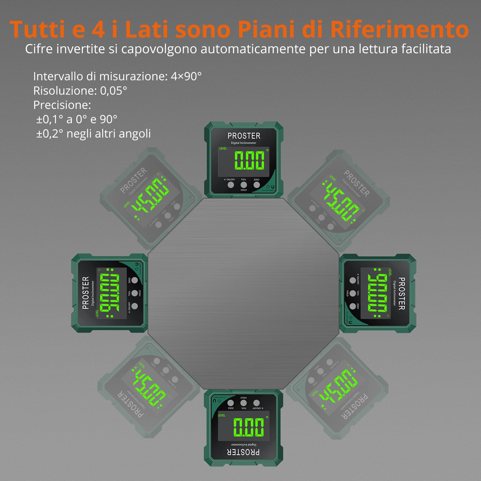 Proster Livella Digitale Ricaricabile con Laser Verde Misuratore Angolare Magnetico 4 Lati Display LCD VA Impermeabile IP54 per Carpenteria Falegnameria e Costruzione Funzione Zero e Lettura Ribaltata
