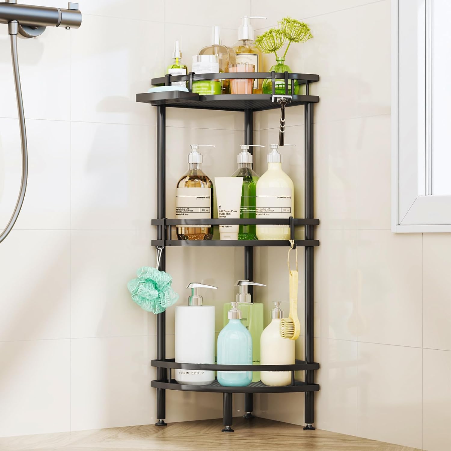 HapiRm Standing Corner Shower Caddy – 3 Tier Shower Organizer Corner with Soap Holder and 4 Hooks, Rustproof Bathroom Storage Shelves with Adhesives, Black