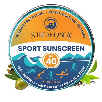 STREAM 2 SEA SPF40 Unscented Mineral Sport Sunscreen in Tin with EcoSafe Zinc for Face & Body, Natural Organic Biodegradable Coral Reef Safe Sunscreen, Travel Size, Mineral Based, 2.8 oz