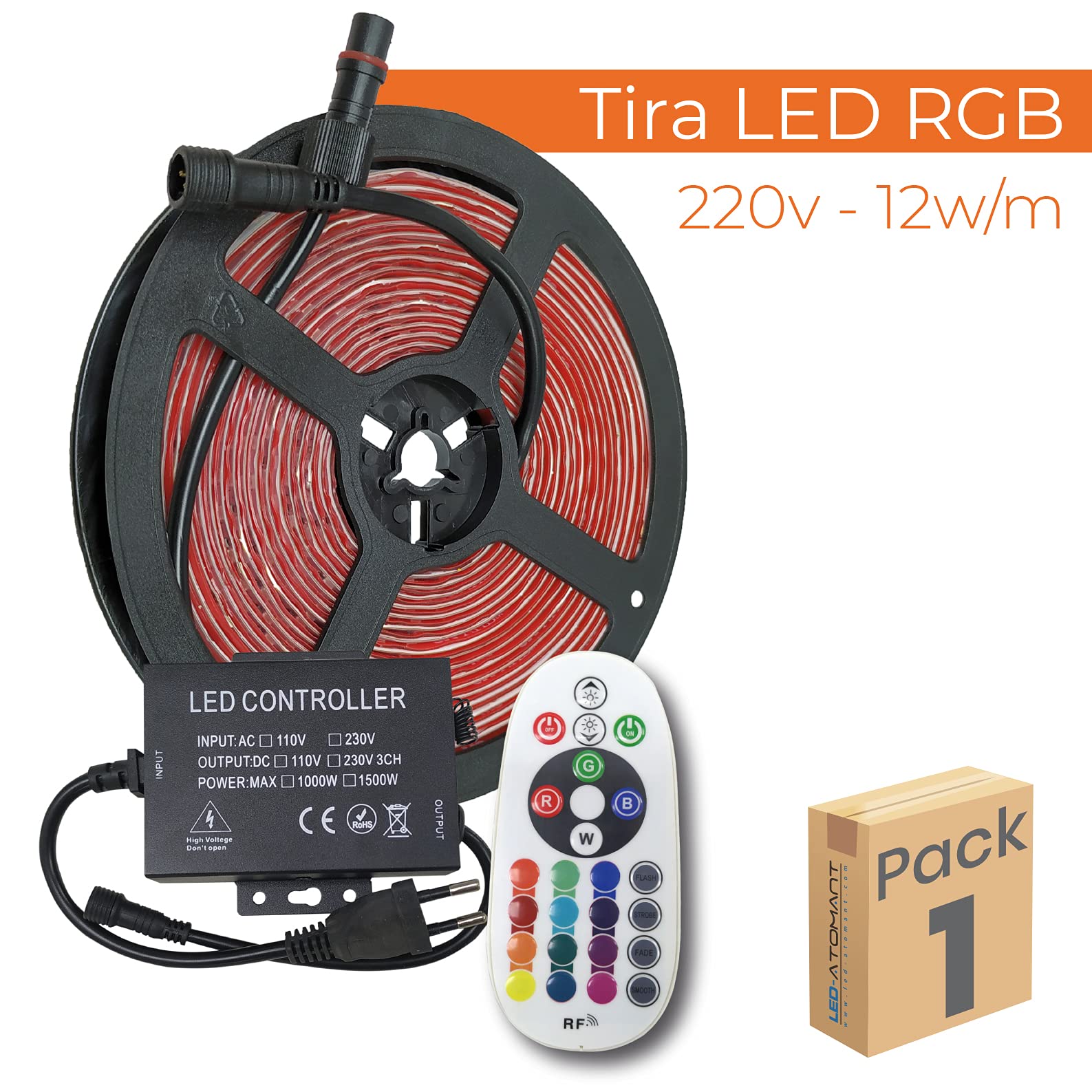 LED ATOMANT KIT 5m de Tira Luz LED RGB 220V IP65 Controlador y Mando RF | Corte cada 12,5cm
