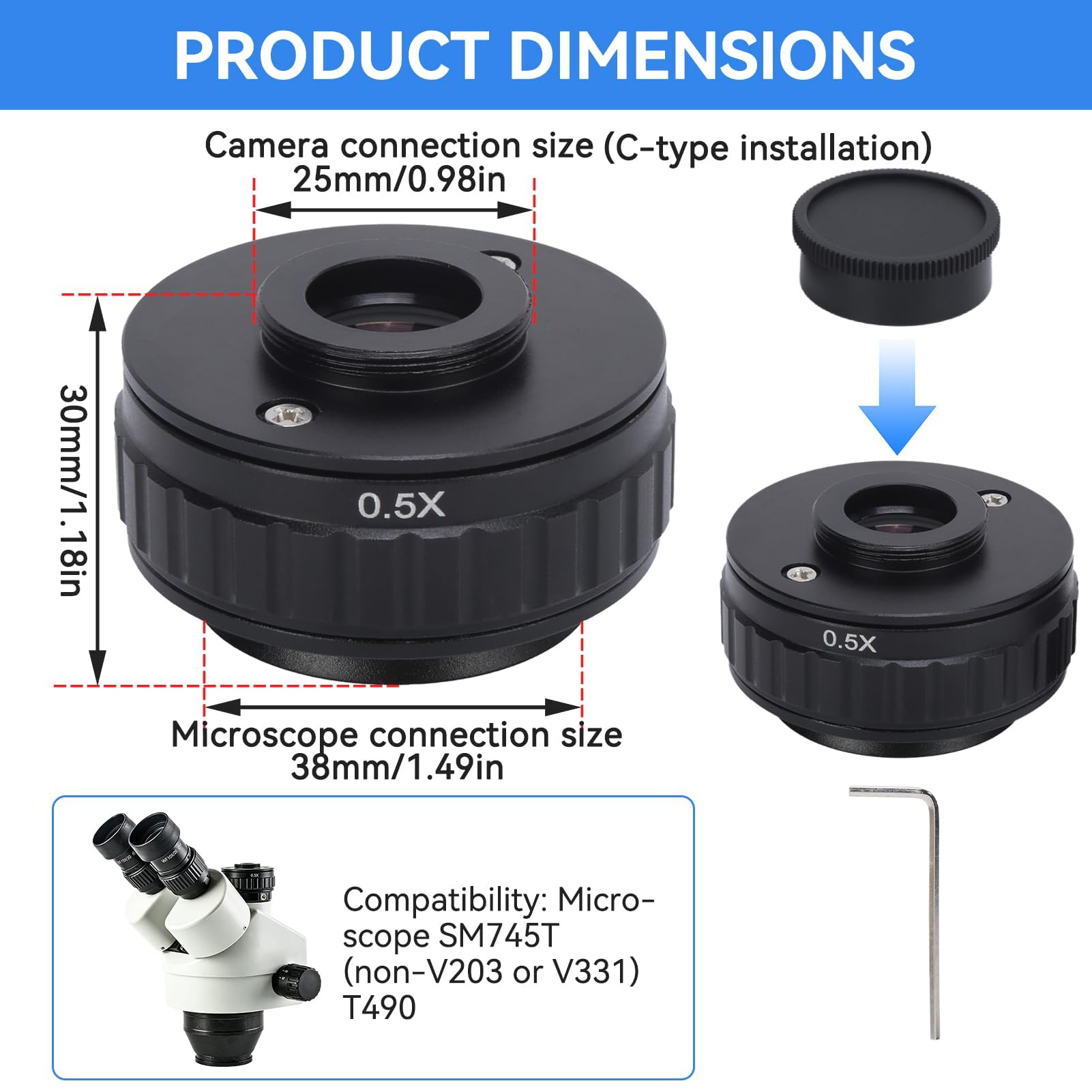 Adaptador de microscopio 0.5X, adaptador de lente de cámara, adaptador de microscopio de 38 mm, adaptador de montaje en C, accesorio de microscopio industrial para enfoque de cámara digital