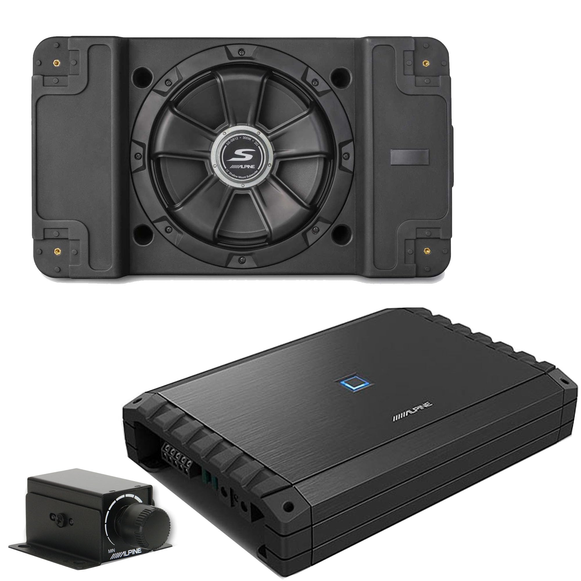 Alpine S2-A55V S-Series 5-Channel Amp/Rux Knob & SS-SB12 Single 12” S-Series Shallow Preloaded Subwoofer Enclosure