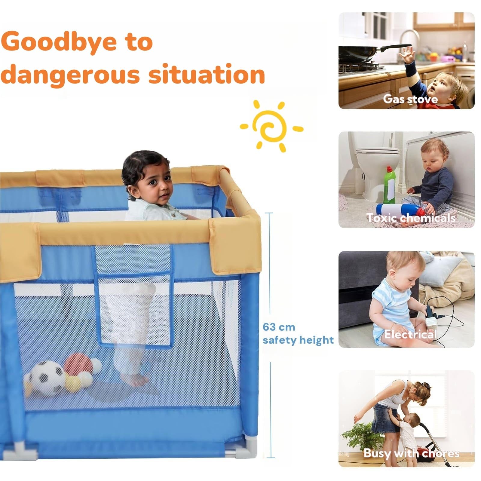 Dawnwake 120x120 cm Playpen for Baby up to 3 Years with Safety Lock & Anti-Fall Grasp Rings, and Suction Cup (Non-Foldable) - Blue 4